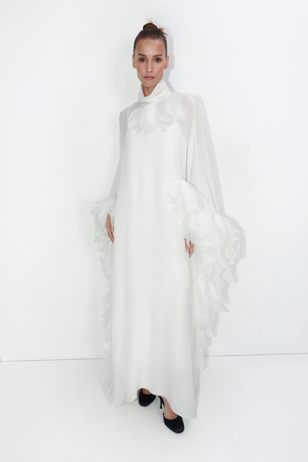 Bridal slip dress with silk cape and floral appliqués