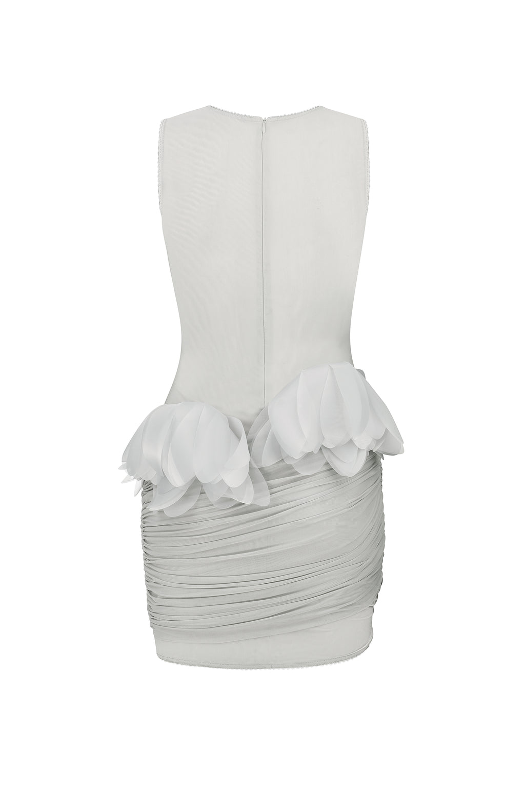 Ruched mesh mini dress with 3D florals in gray