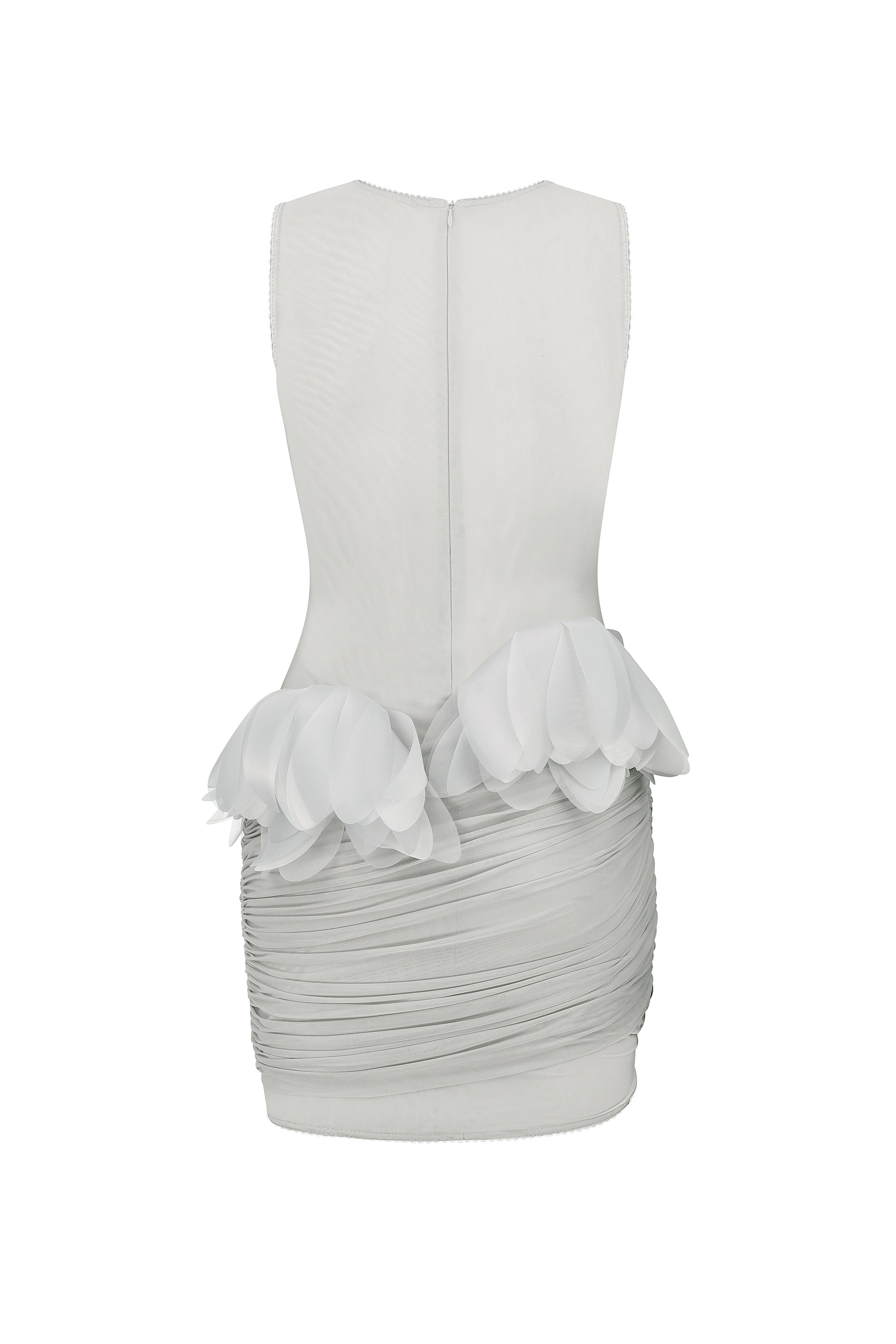 Ruched mesh mini dress with 3D florals in gray