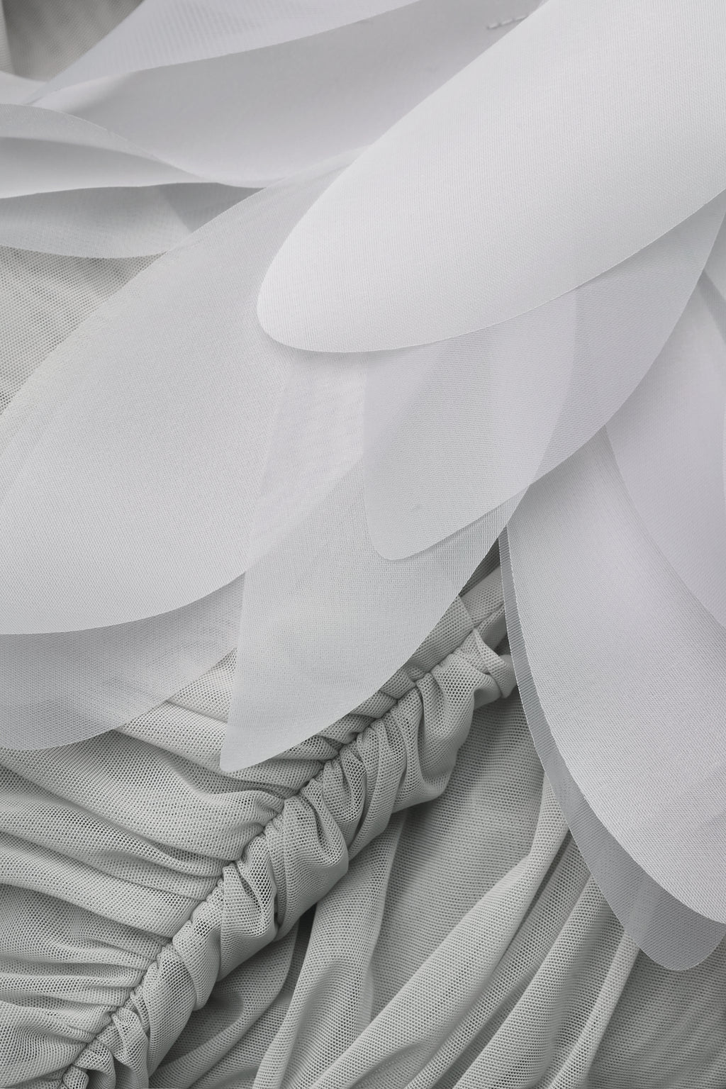 Ruched mesh mini dress with 3D florals in gray