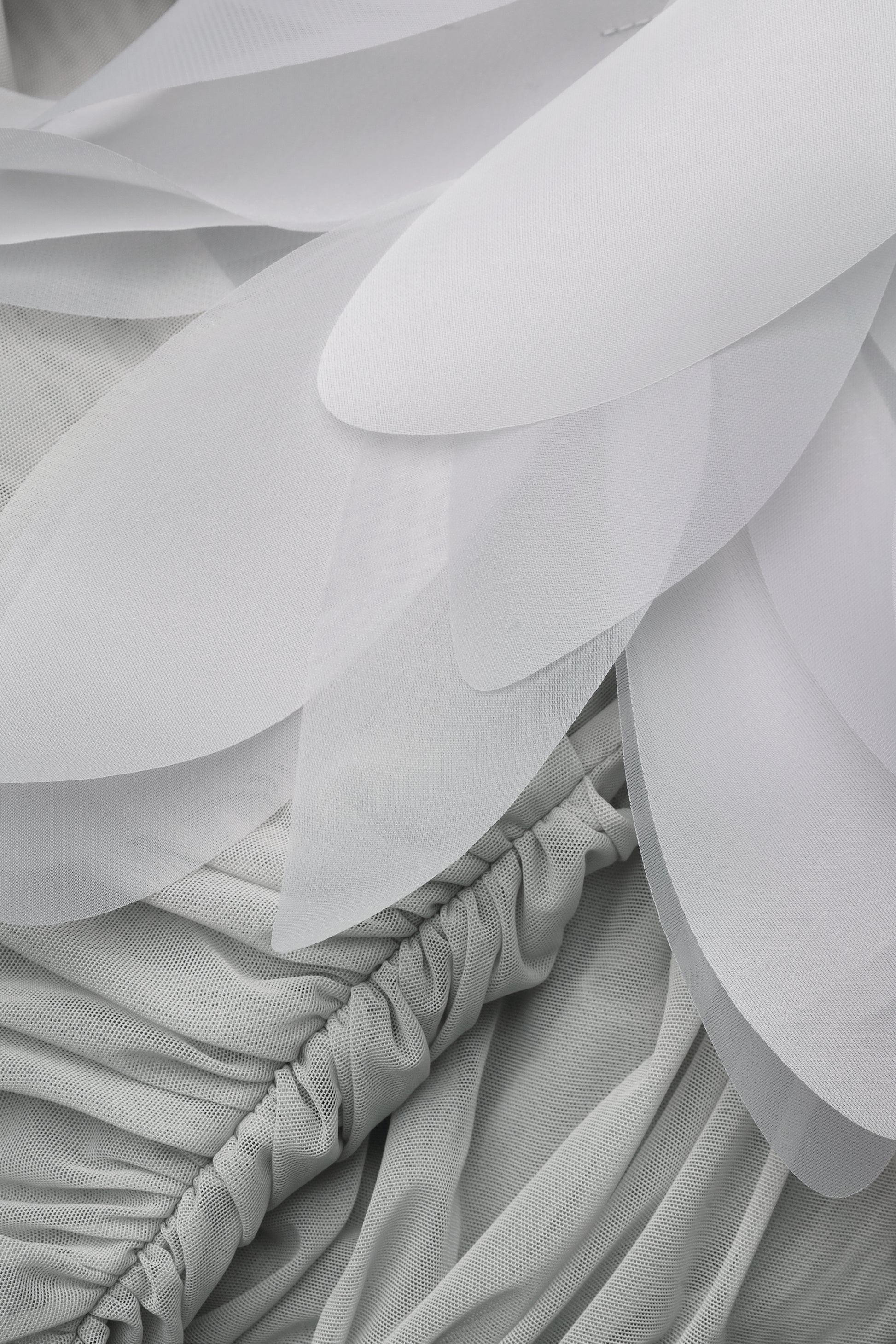 Ruched mesh mini dress with 3D florals in gray