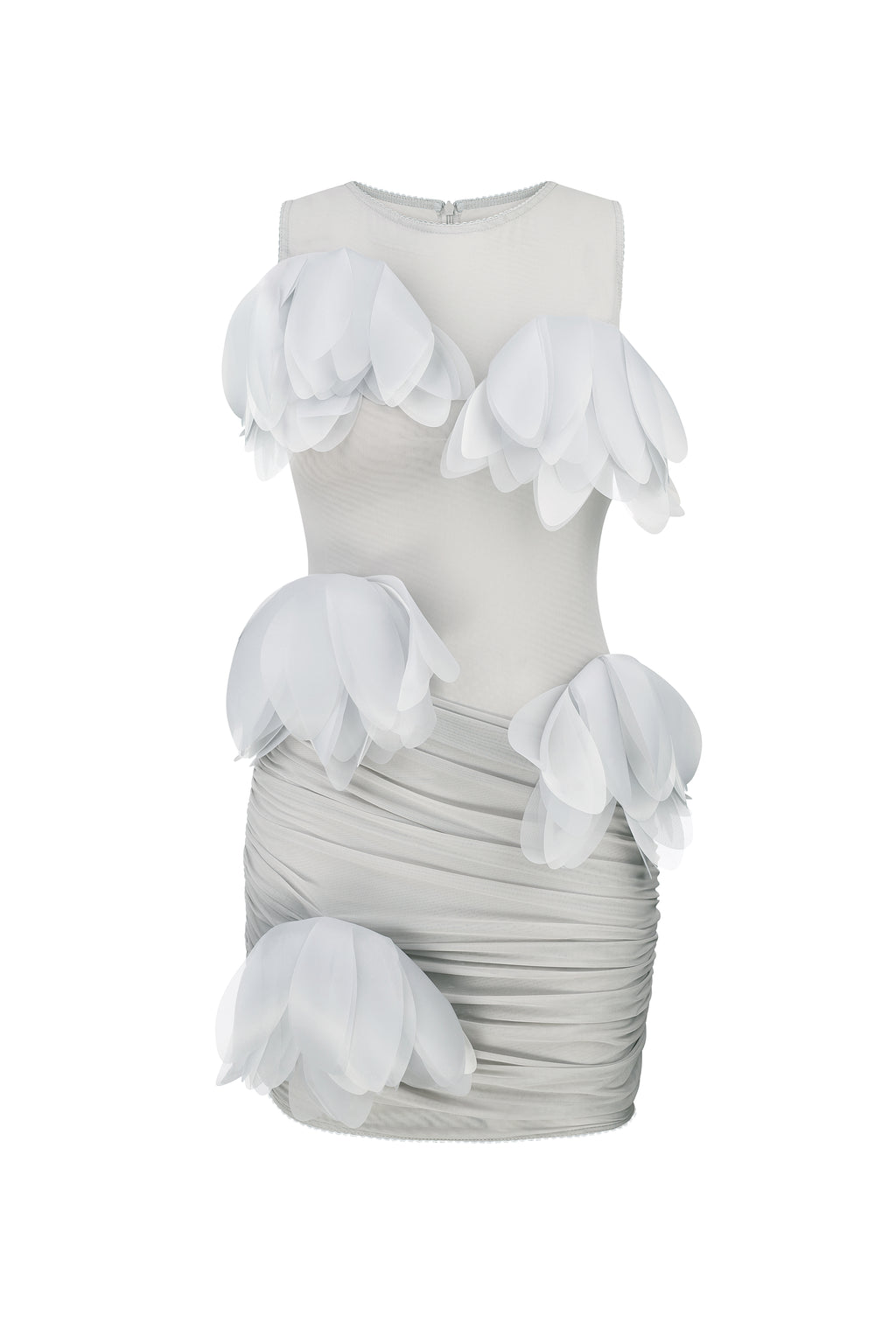 Ruched mesh mini dress with 3D florals in gray