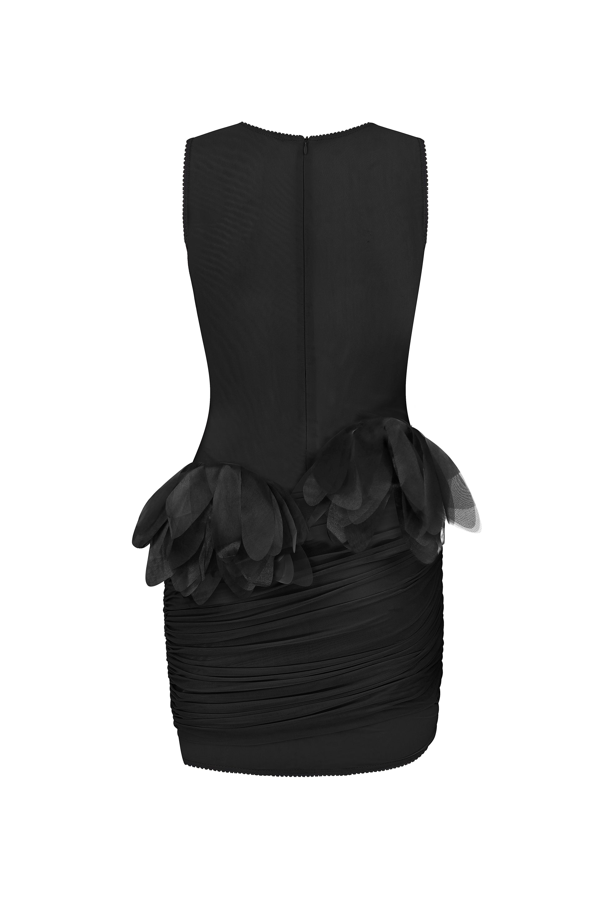 Ruched mesh mini dress with 3D florals in black