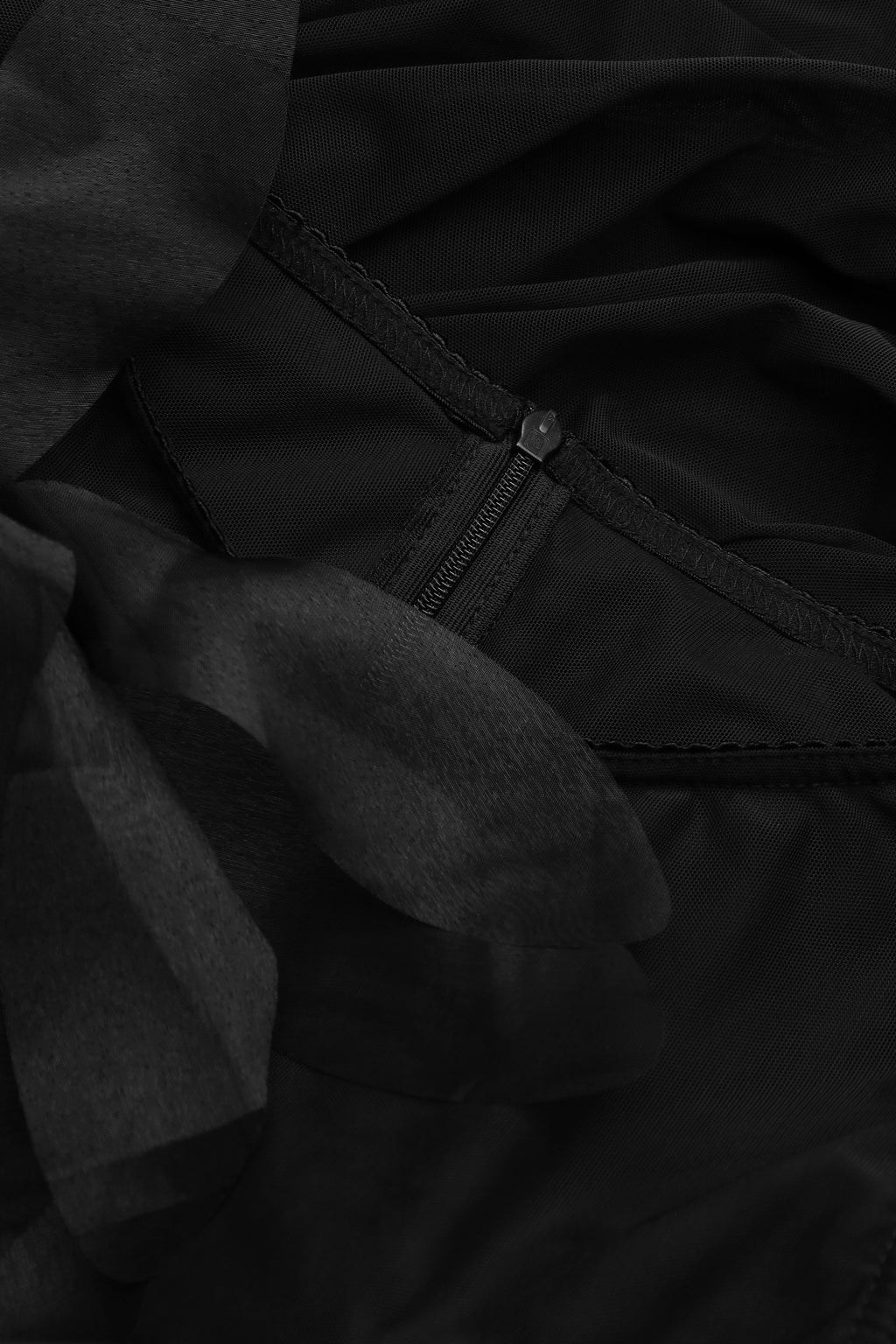 Ruched mesh mini dress with 3D florals in black