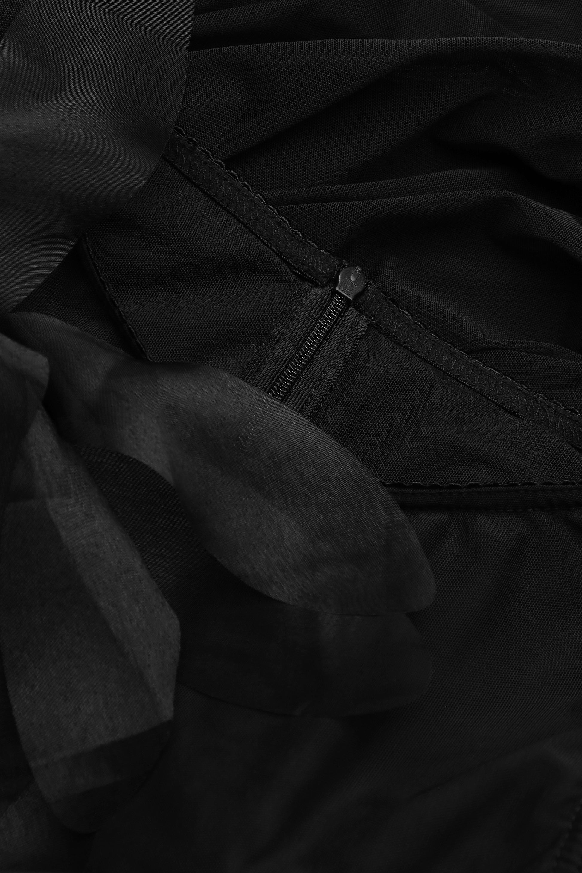 Ruched mesh mini dress with 3D florals in black