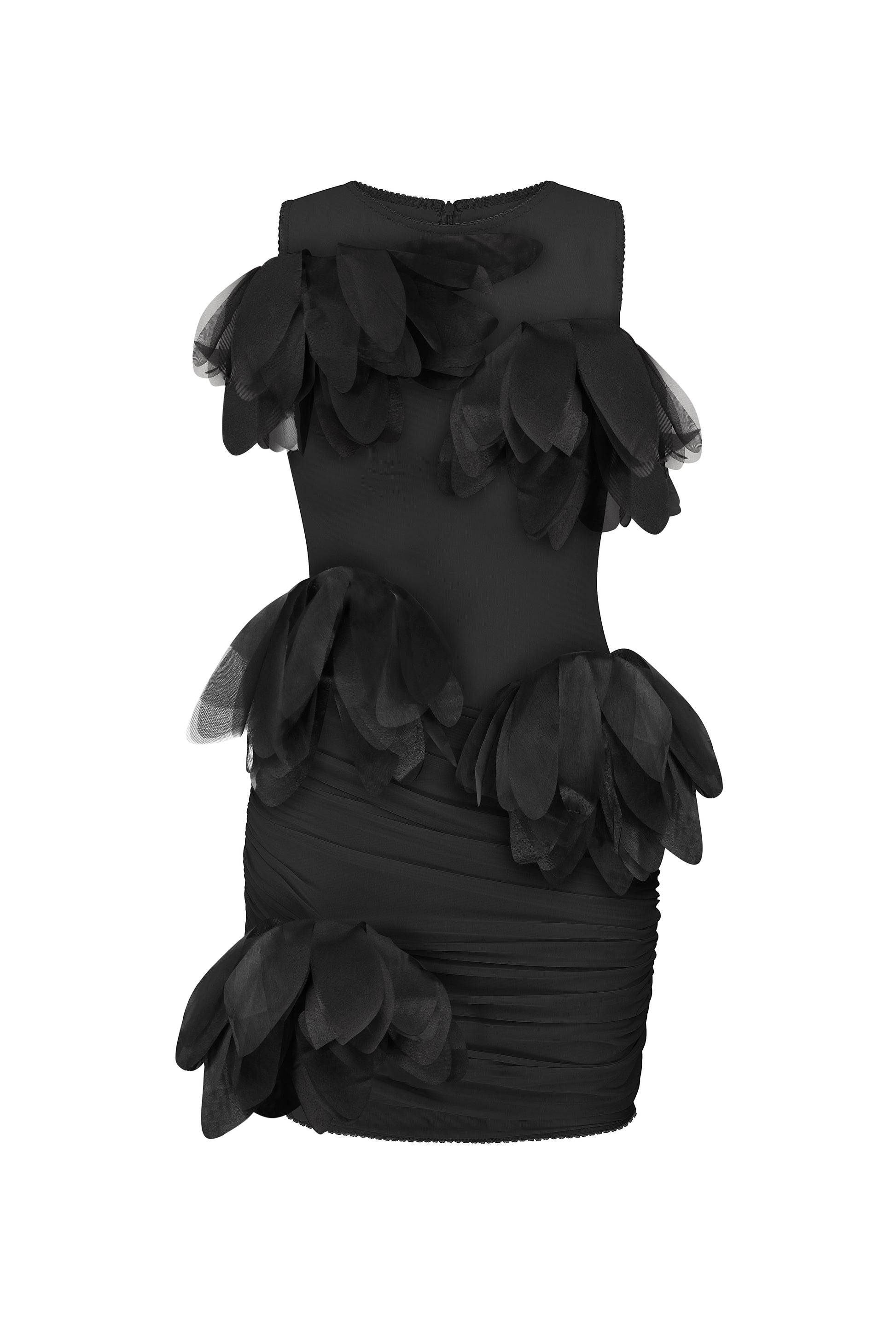 Ruched mesh mini dress with 3D florals in black