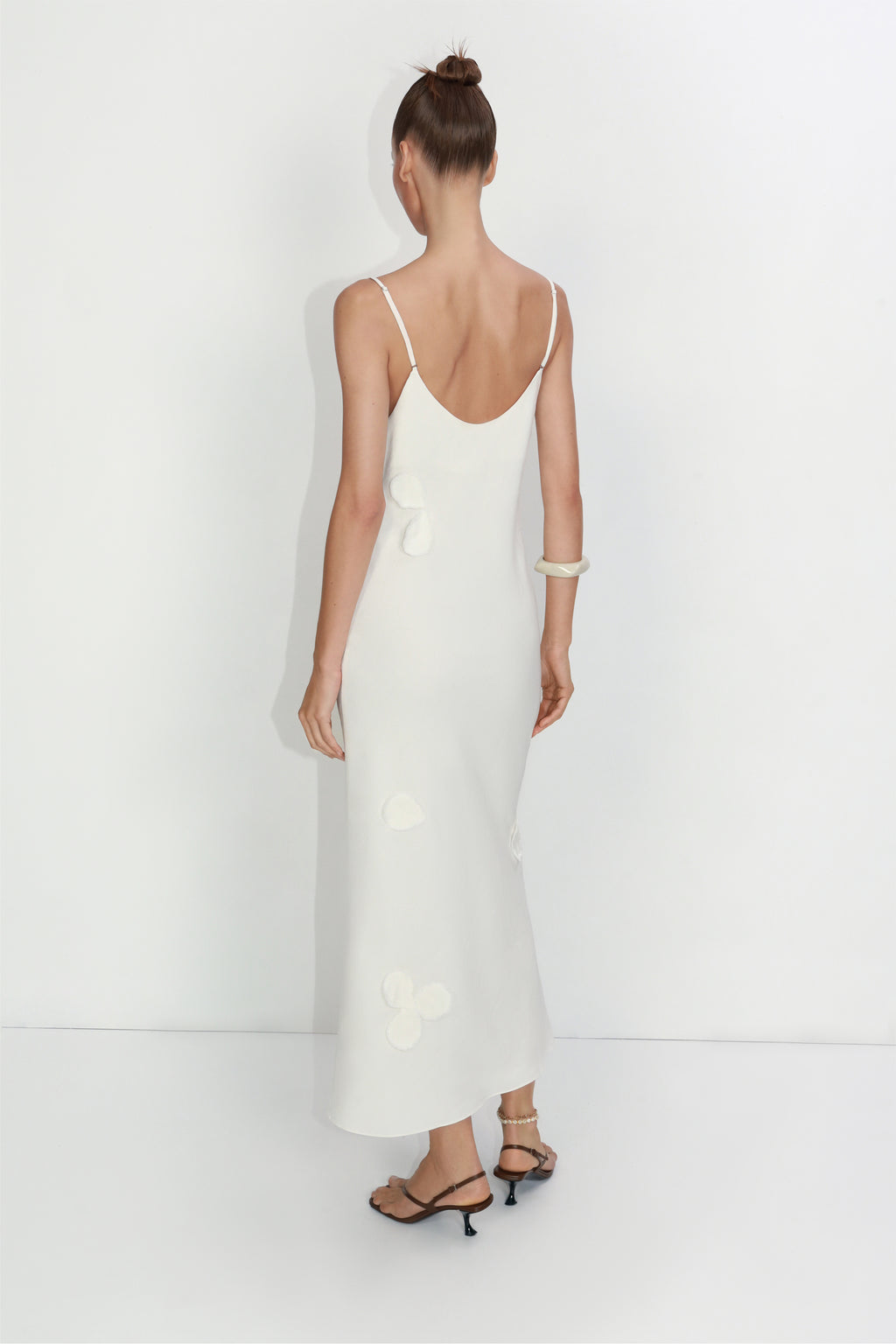 Petal-adorned linen-viscose slip dress in ivory