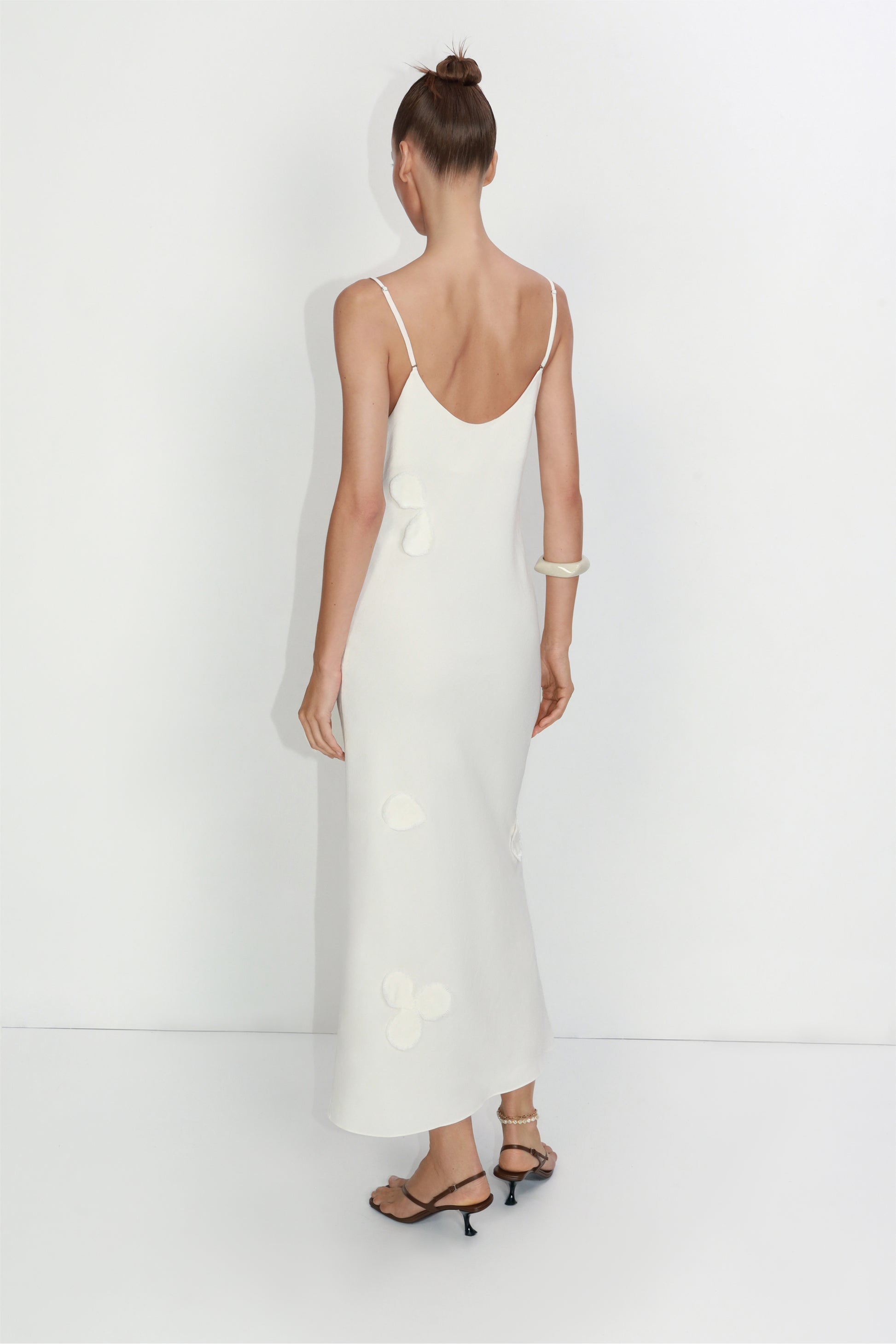 Petal-adorned linen-viscose slip dress in ivory