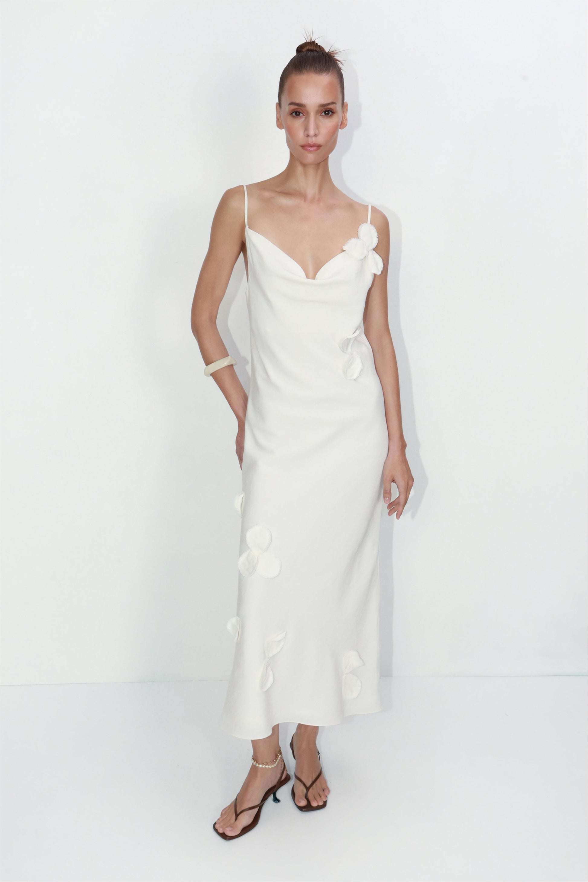 Linen-viscose slip midi dress with hand-applied petals