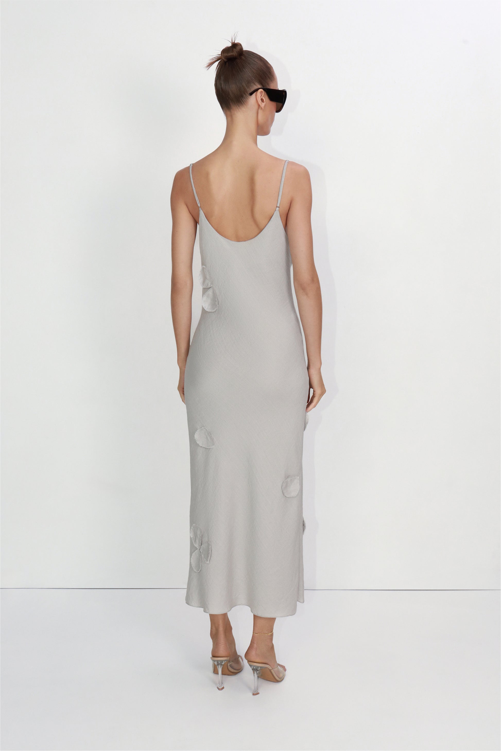 Petal-adorned midi slip dress in gray