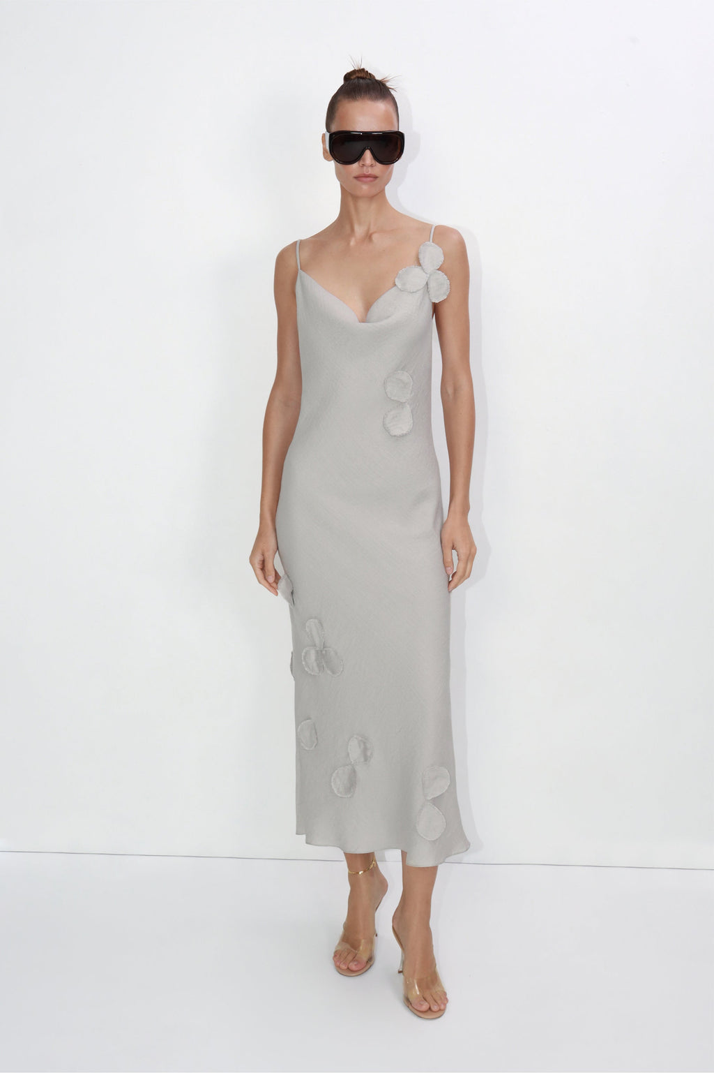 Viscose blend midi slip dress with hand-applied petals
