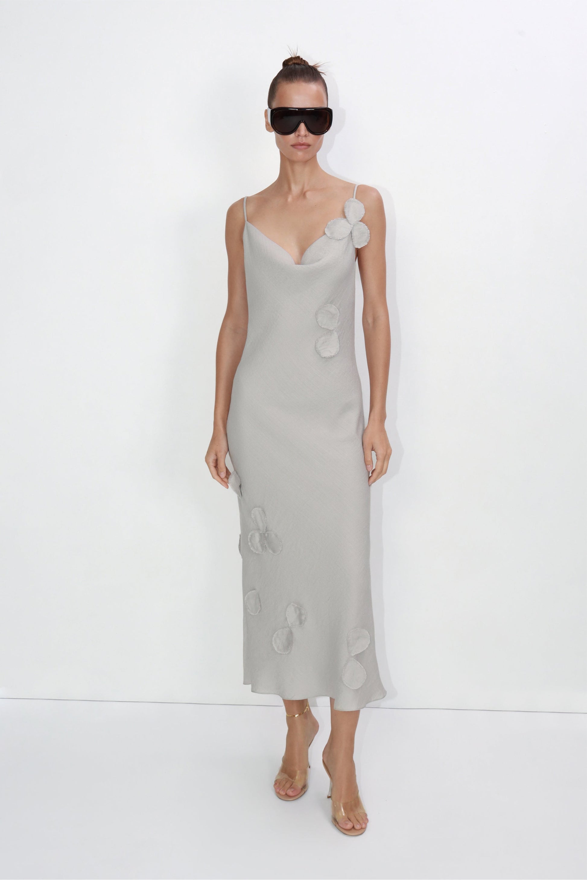 Viscose blend midi slip dress with hand-applied petals