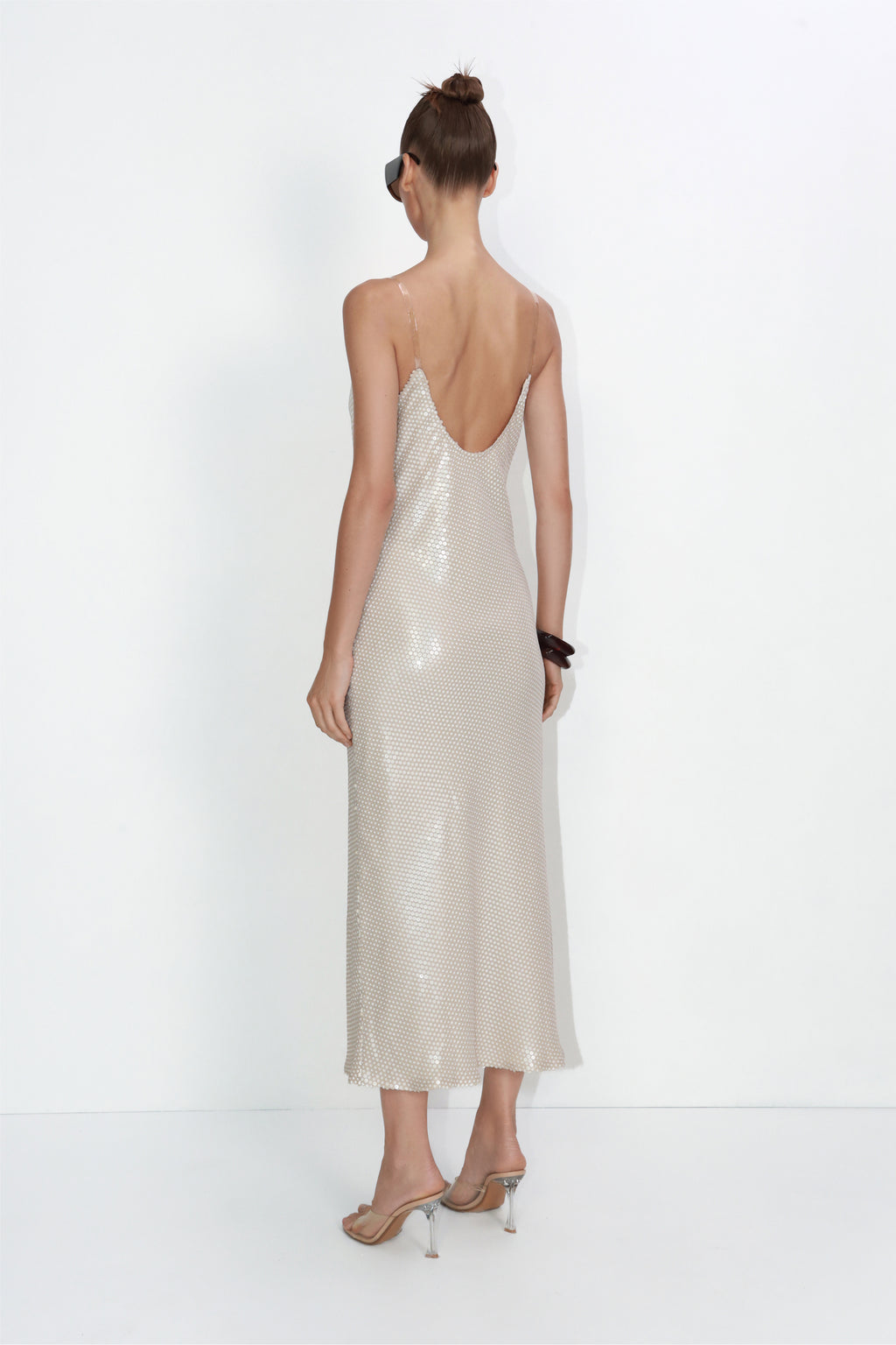 Draped sequin midi slip dress in beige