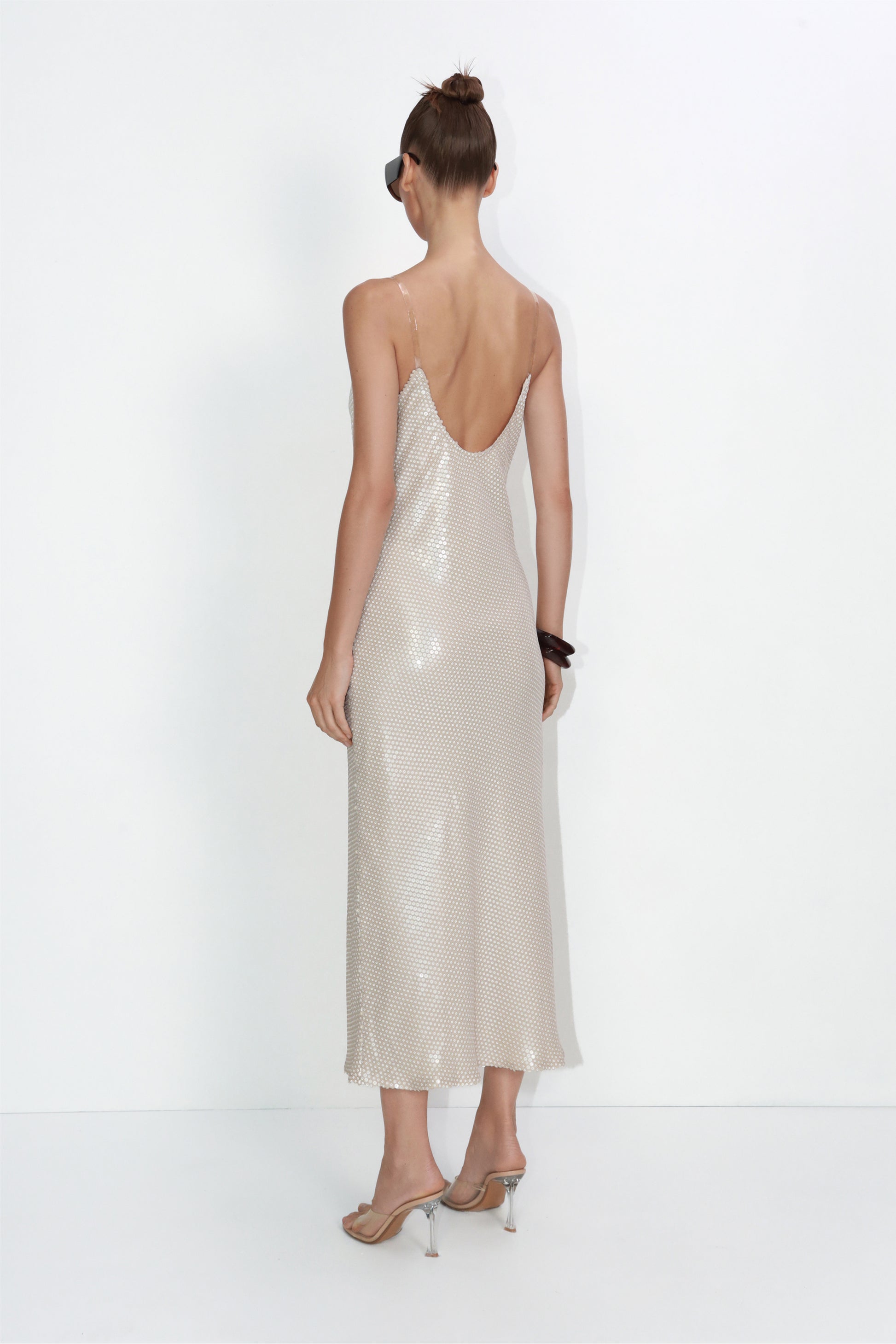 Draped sequin midi slip dress in beige