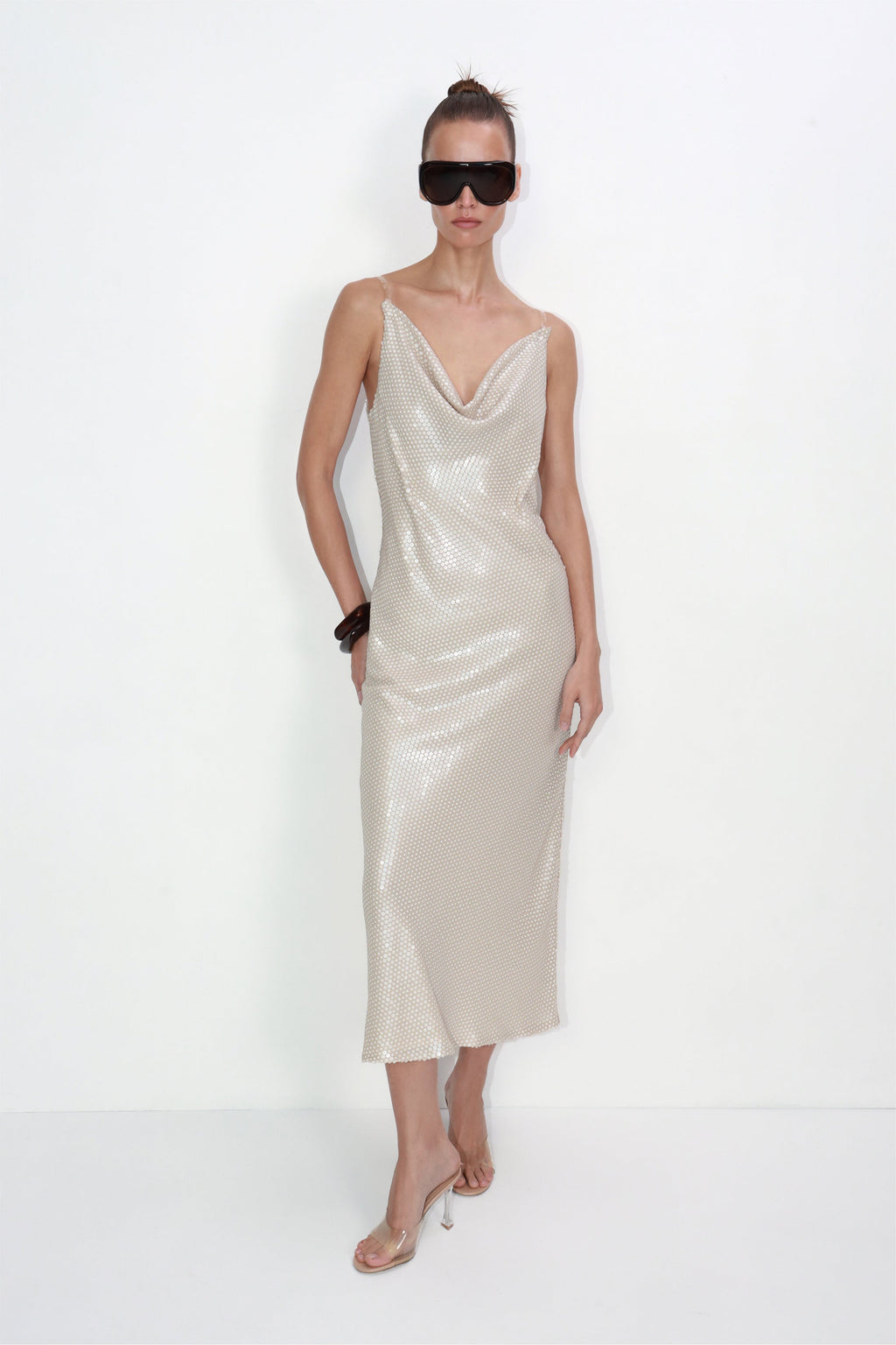Sequin slip midi dress with draped neckline