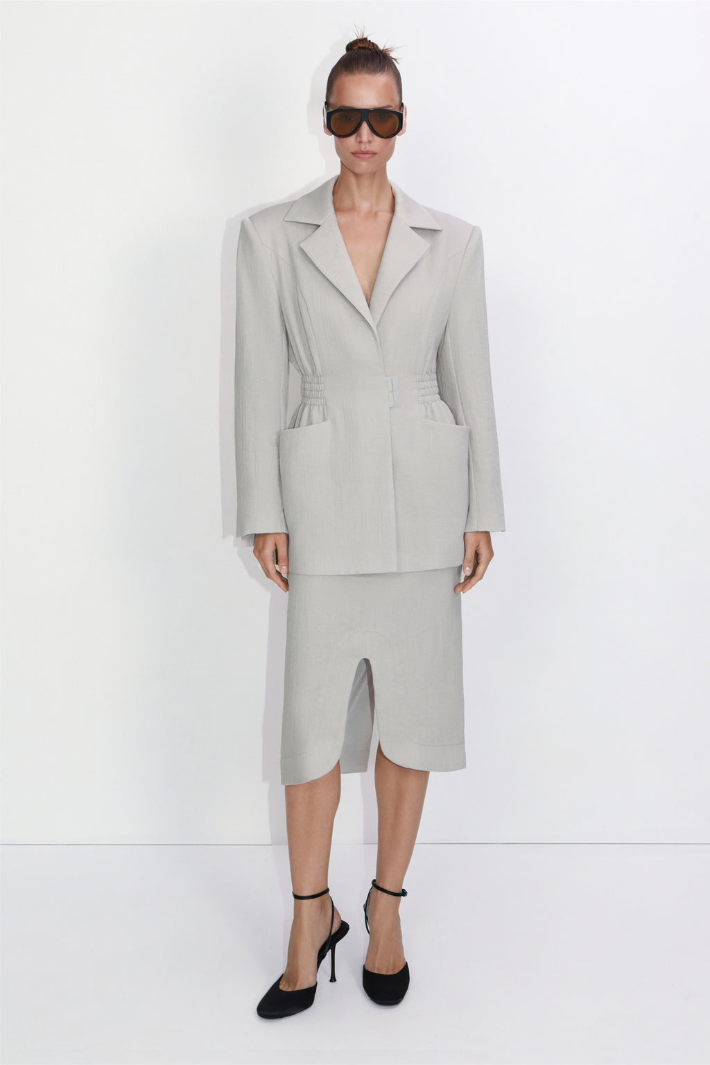 Tailored slit midi skirt in gray