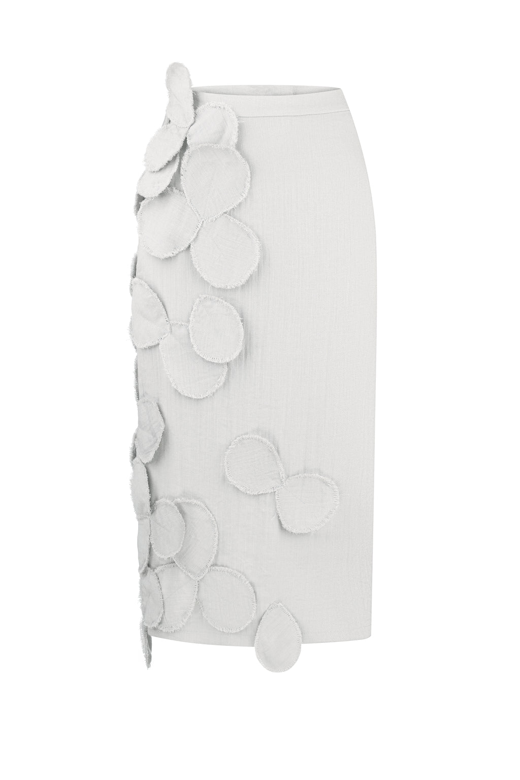 Sculptural petal-appliqué midi skirt in gray