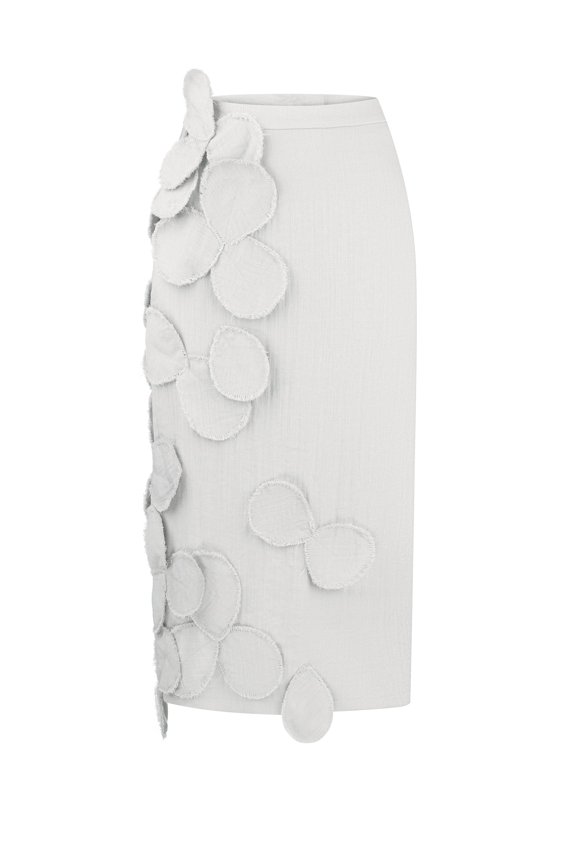 Sculptural petal-appliqué midi skirt in gray