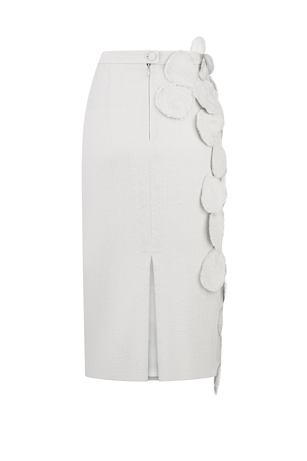 Sculptural petal-appliqué midi skirt in gray