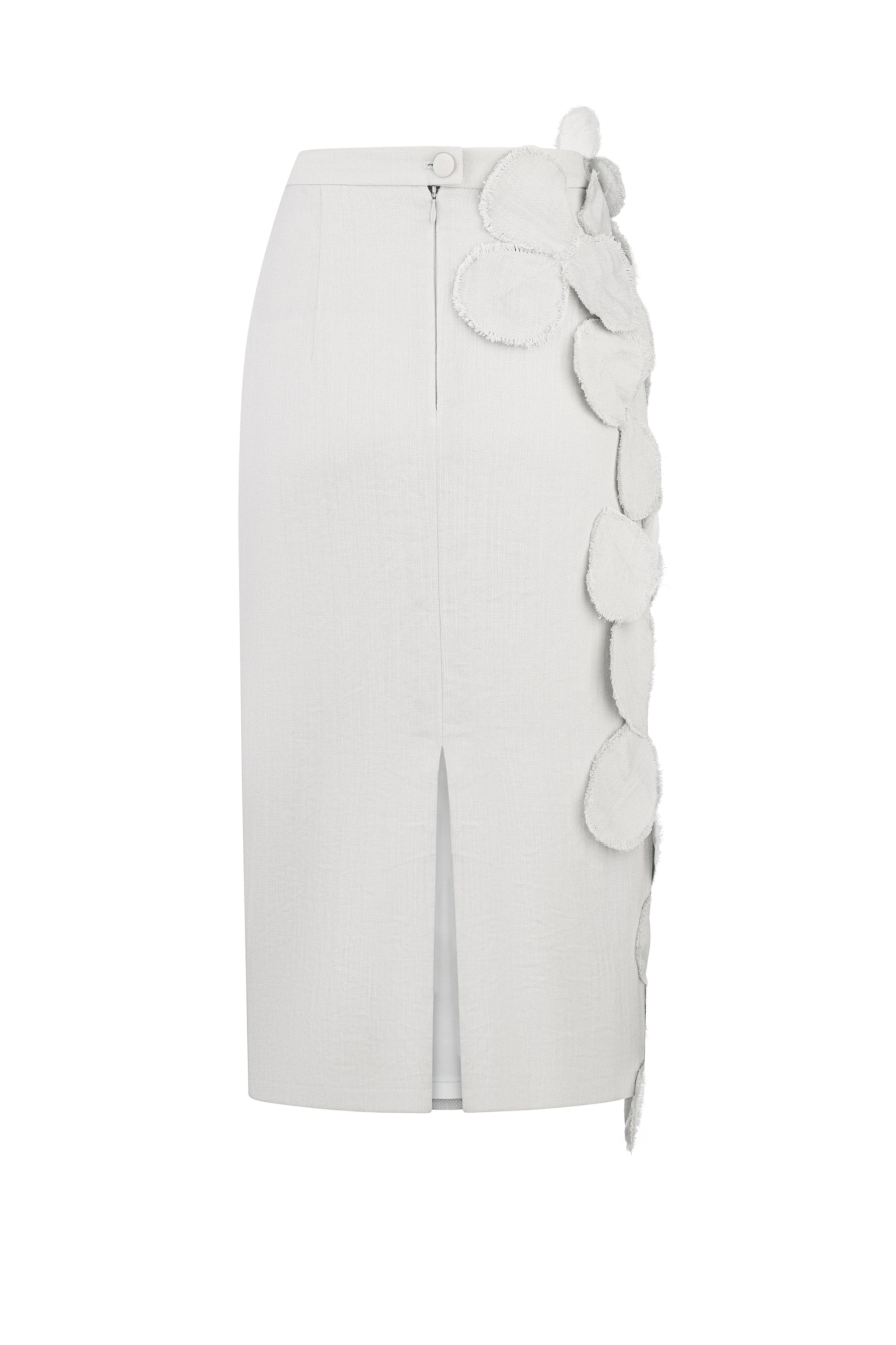 Sculptural petal-appliqué midi skirt in gray