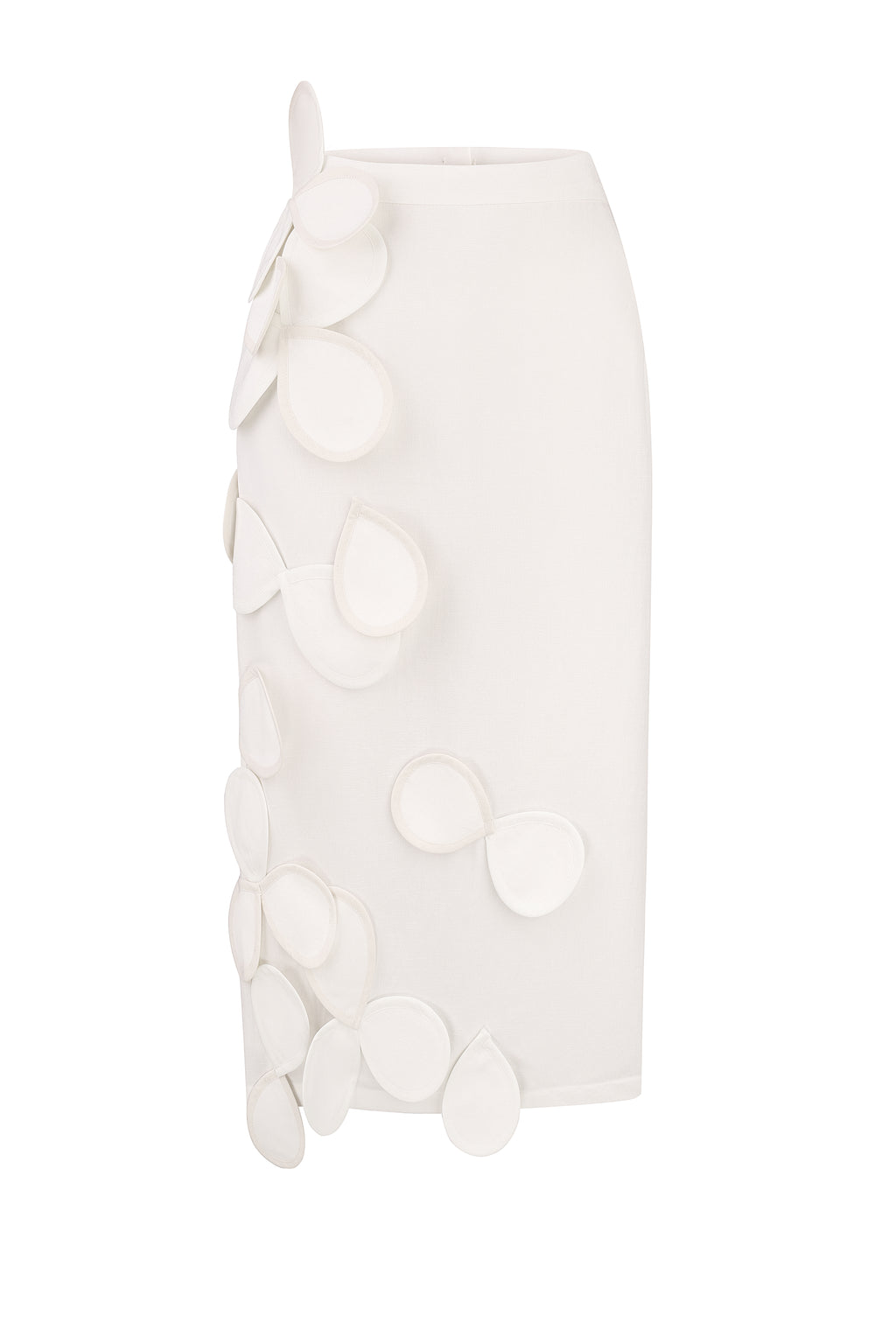 Sculptural petal-appliqué midi skirt in ivory