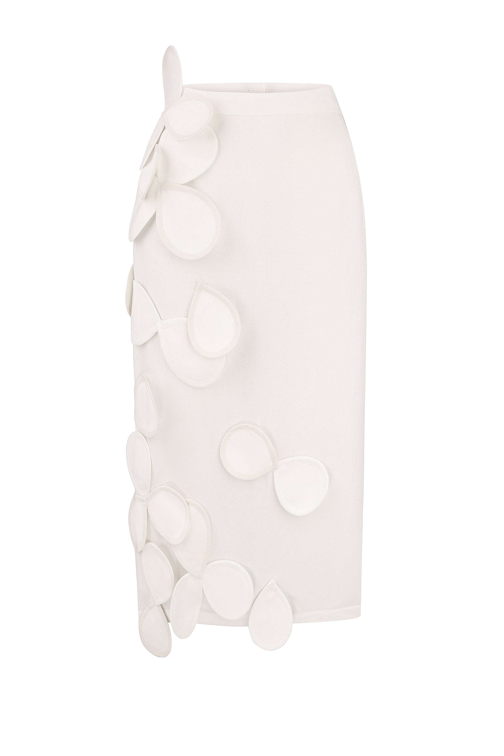 Sculptural petal-appliqué midi skirt in ivory