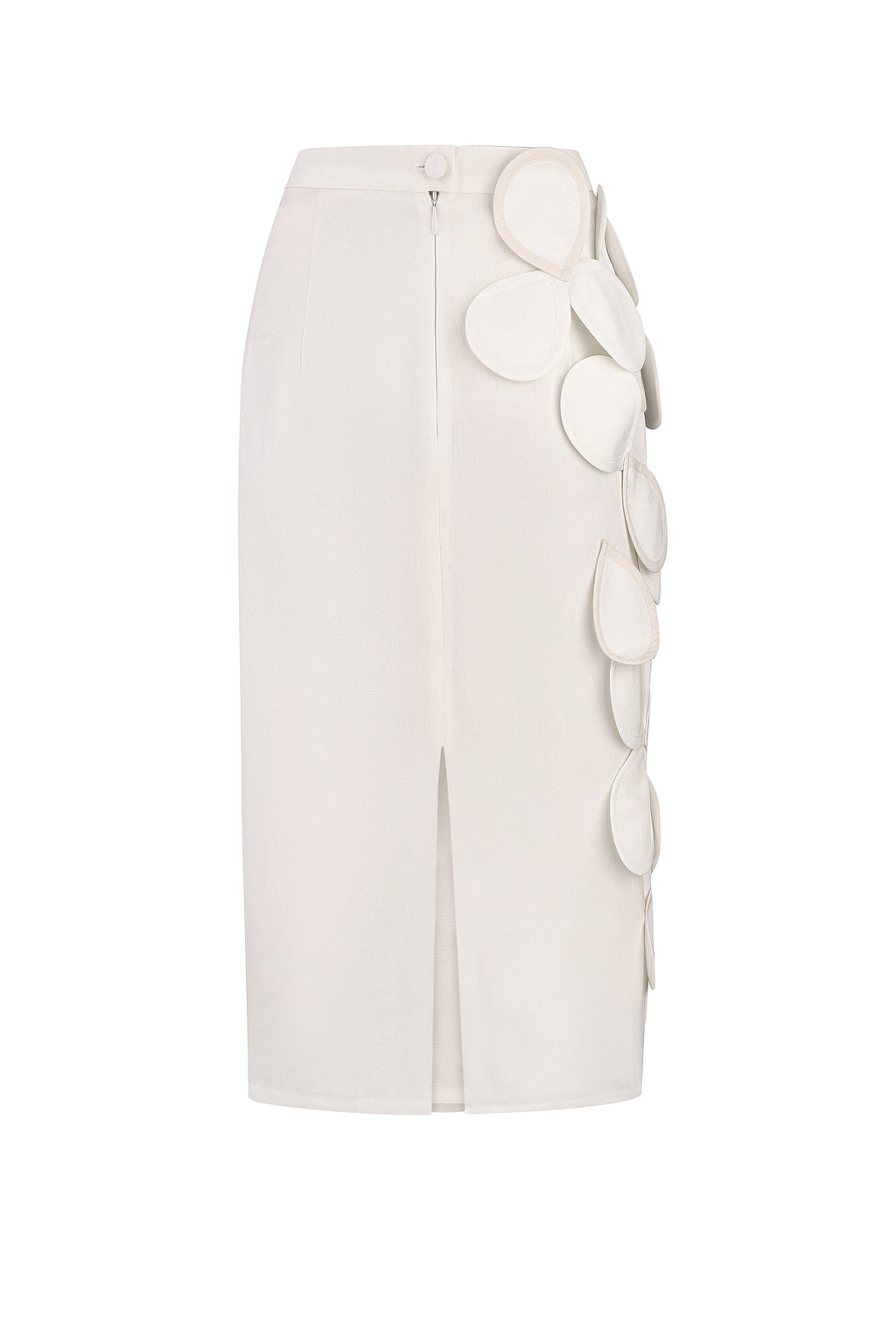 Sculptural petal-appliqué midi skirt in ivory