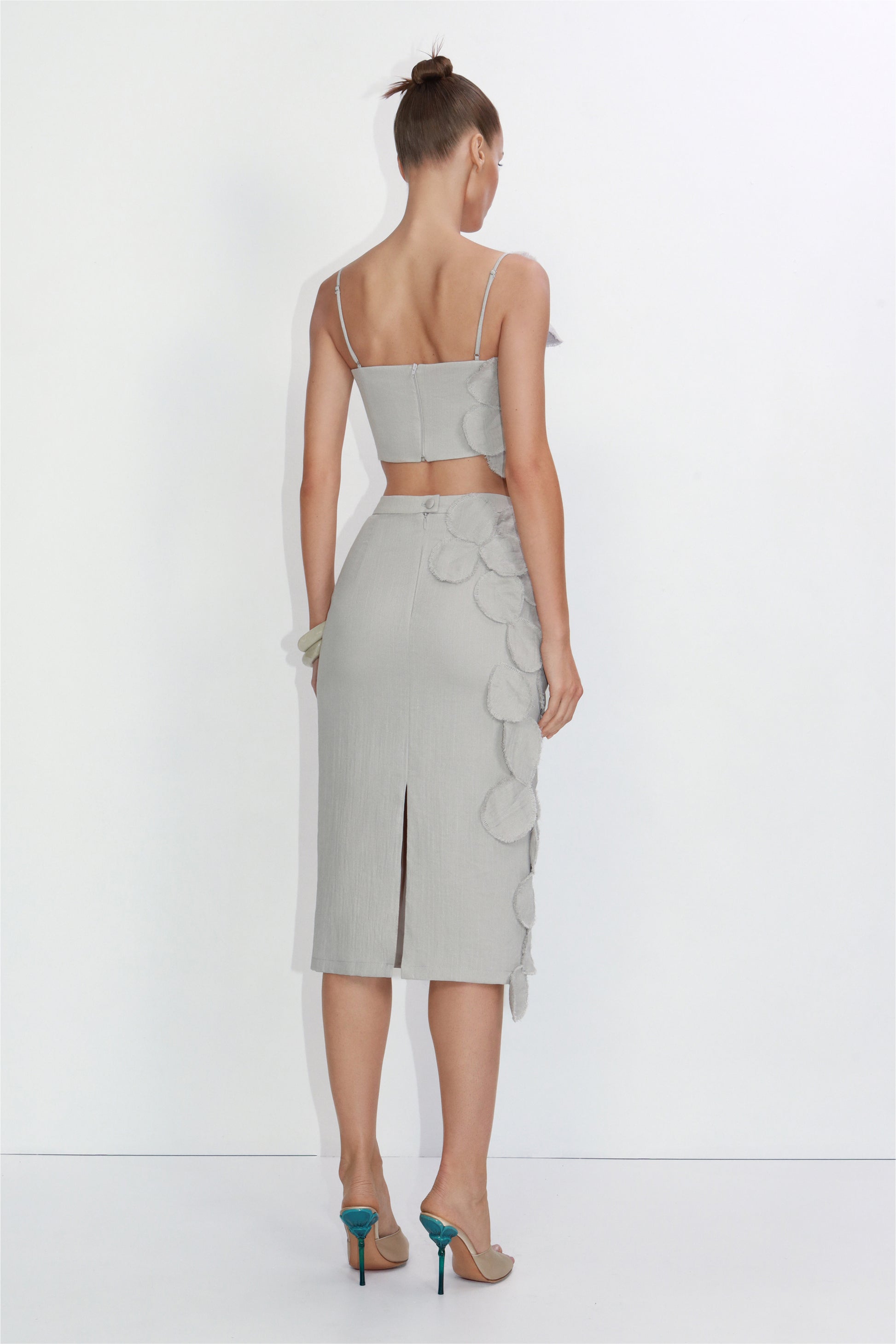 Sculptural petal-appliqué midi skirt in gray