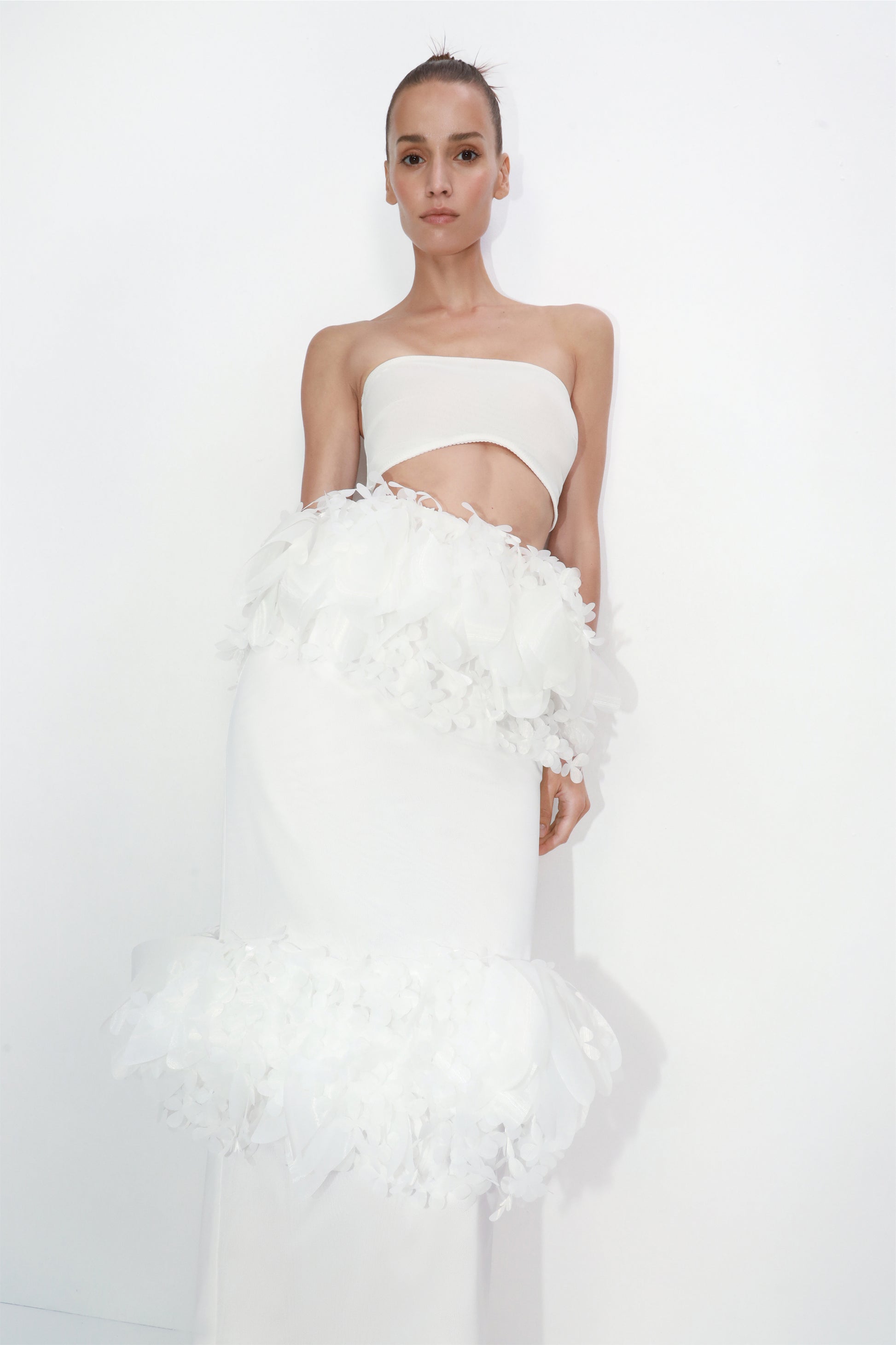 3D floral-basque maxi skirt in ivory