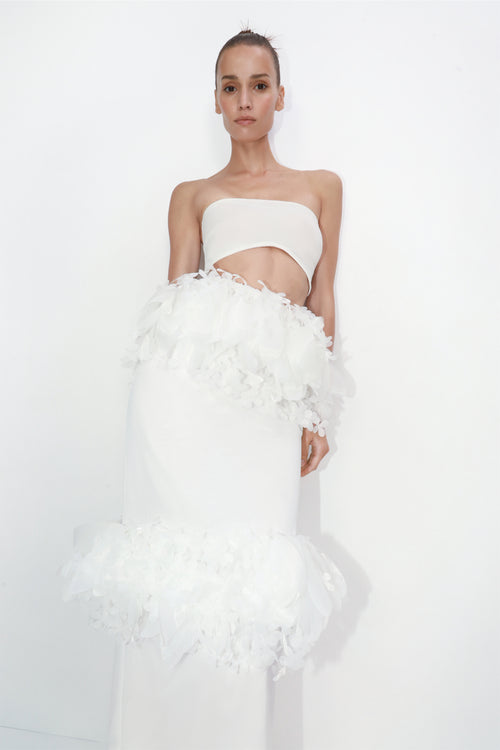 3D floral-basque maxi skirt in ivory