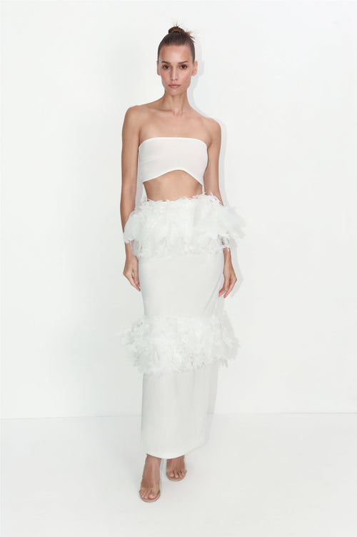 Couture-style removable basque with 3D floral appliqués