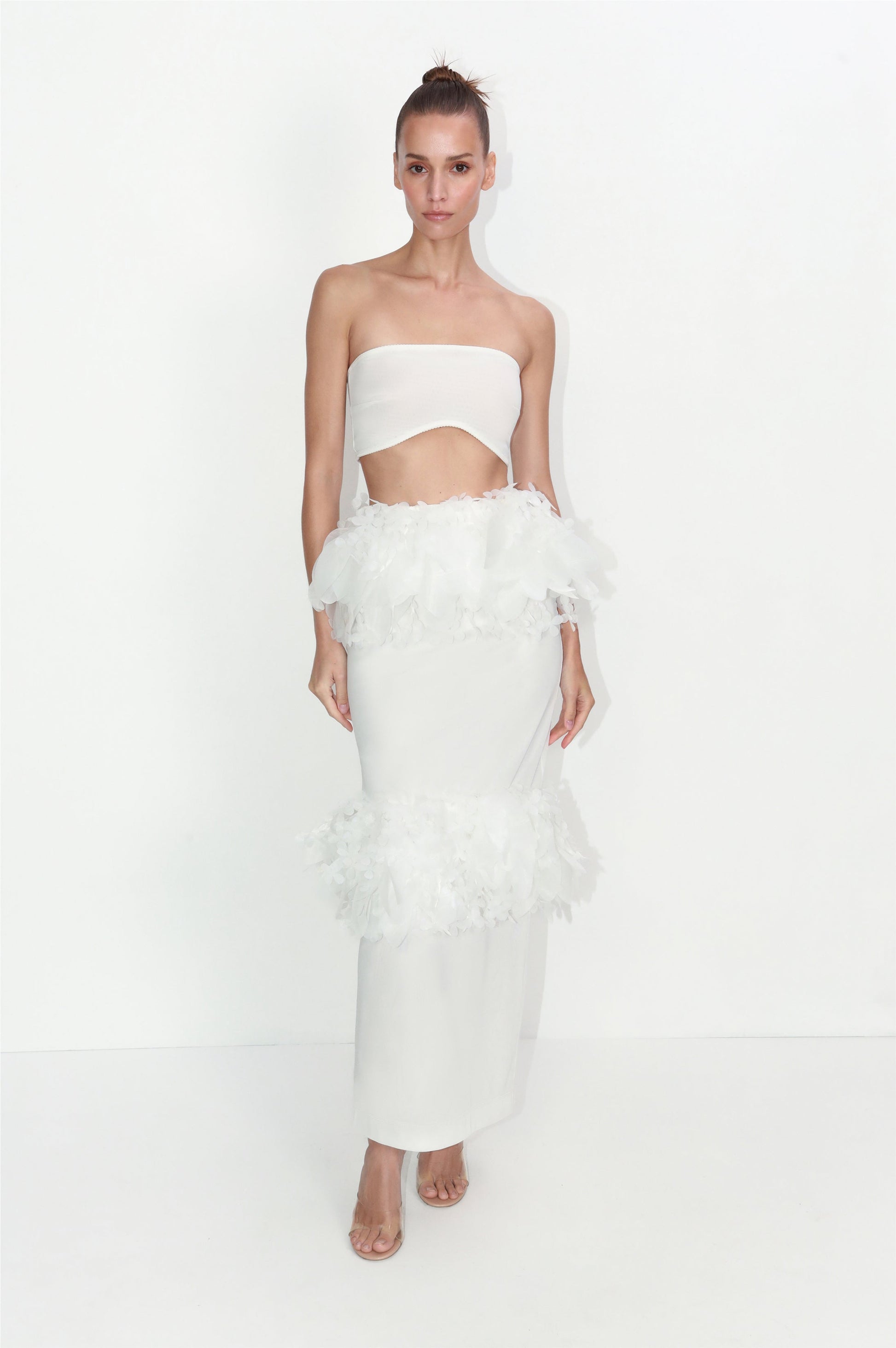 Polyamide-elastane maxi skirt with removable floral basque