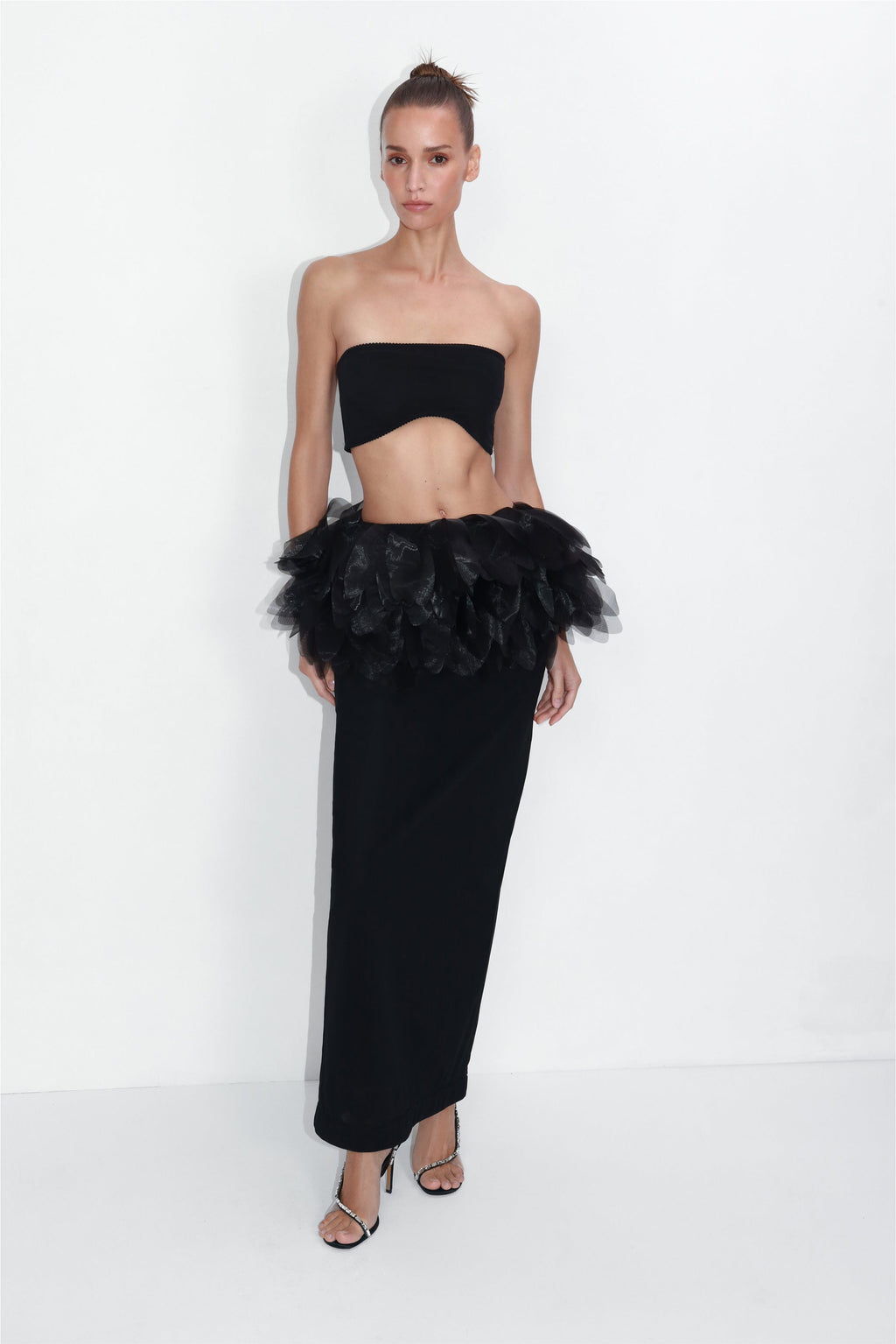 Fitted maxi skirt with removable floral appliqué basque