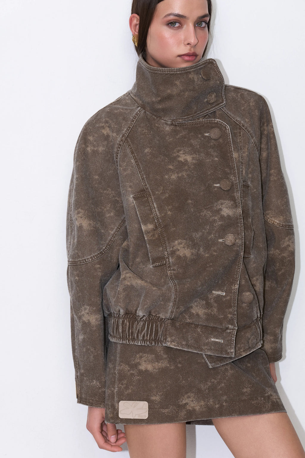 Funnel-Neck Weathered Blazer in Brown
