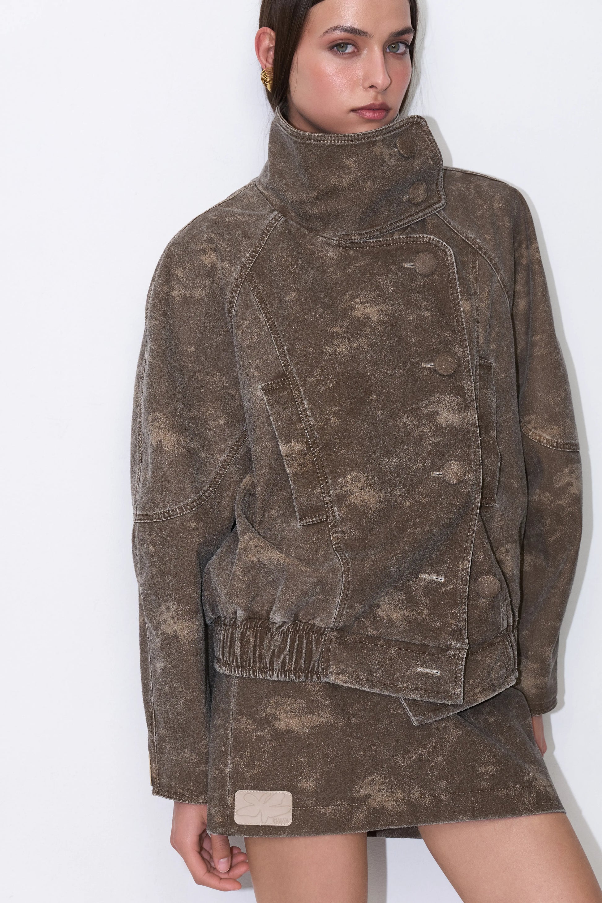 Funnel-Neck Weathered Blazer in Brown