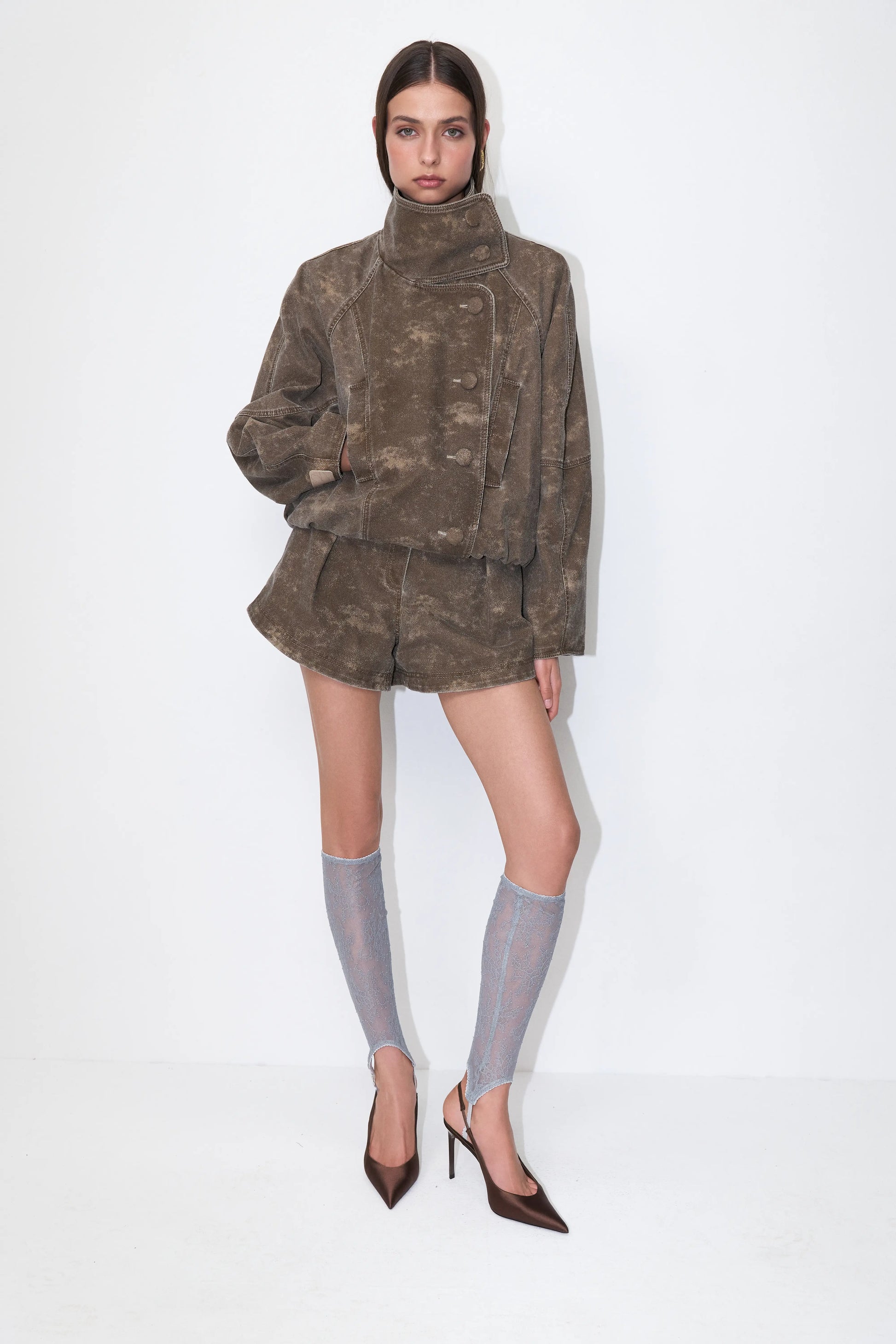 Weathered Structured Shorts in Brown