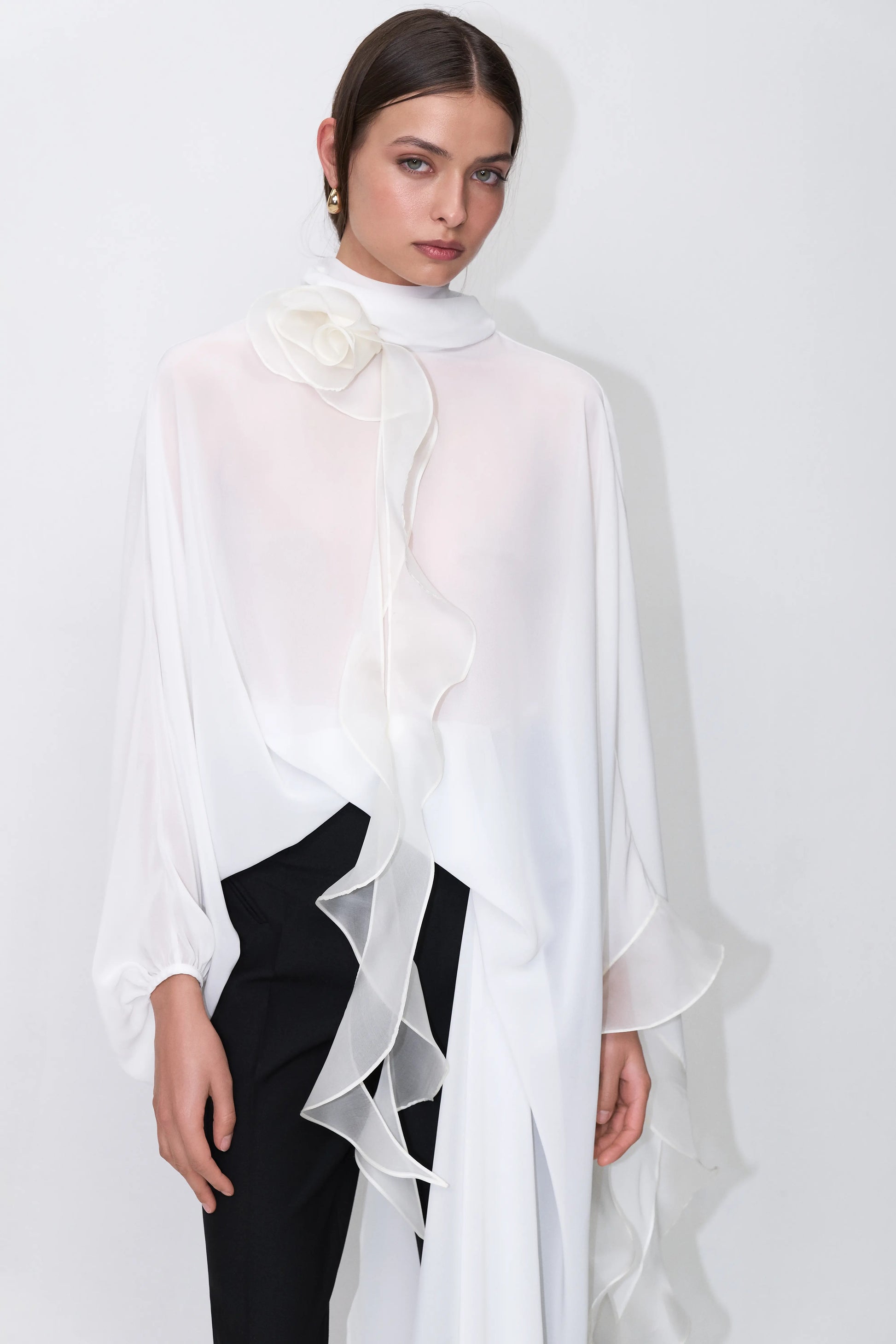 Rosette Silk Cape-Blouse in White