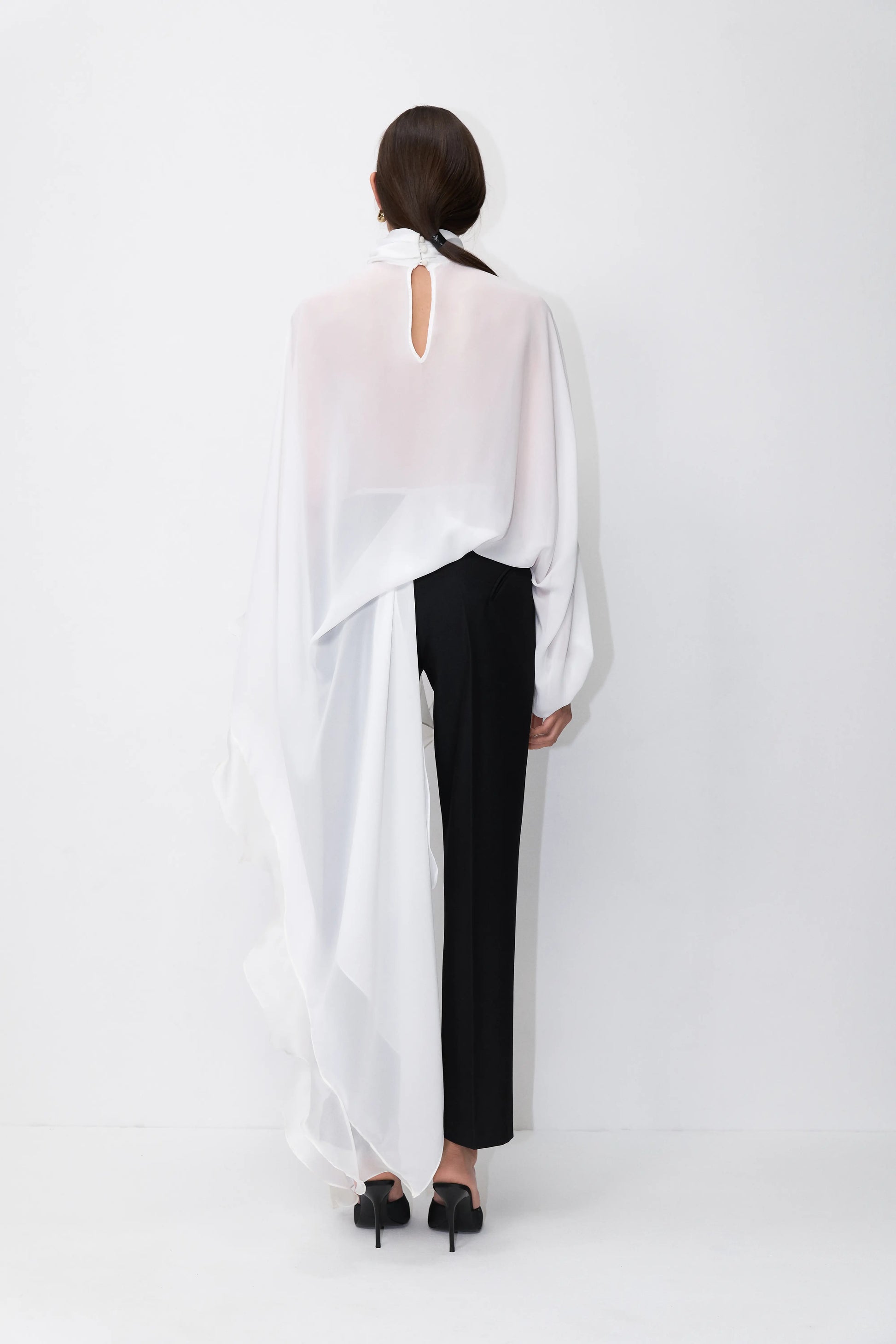 Rosette Silk Cape-Blouse in White