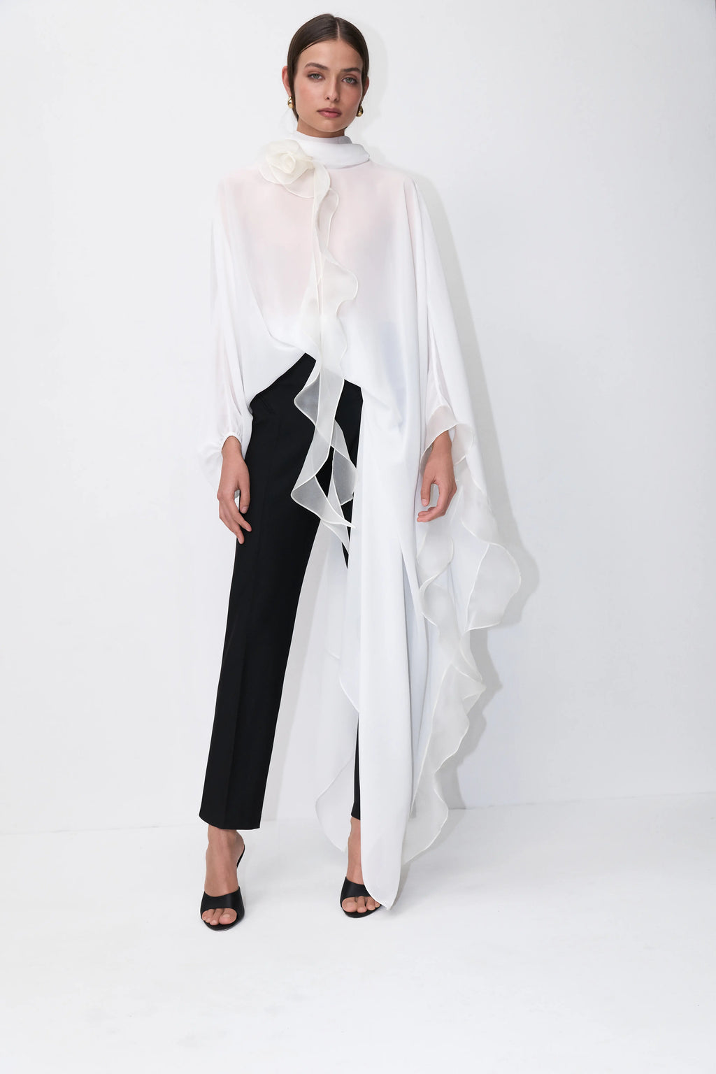 Rosette Silk Cape-Blouse in White