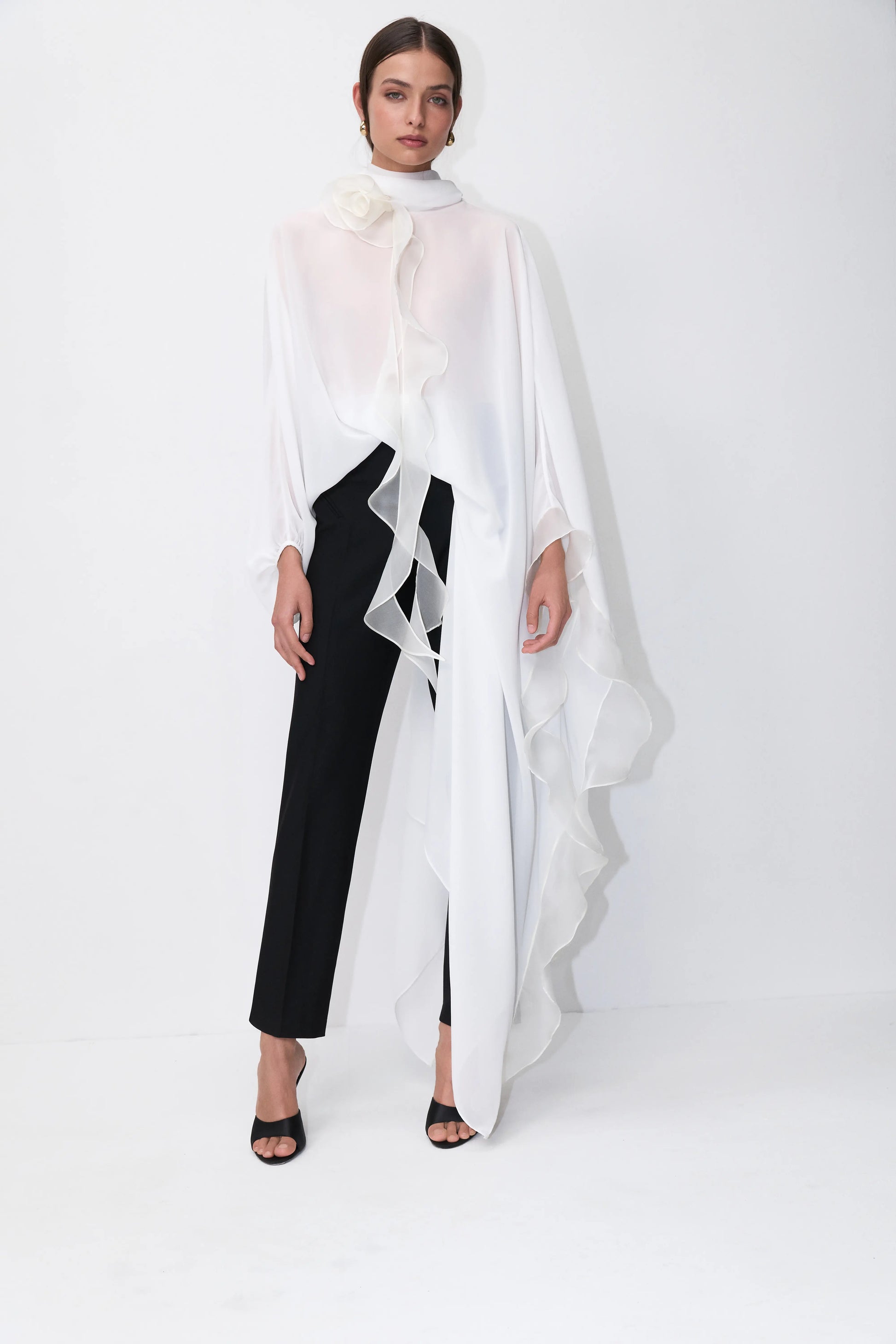Rosette Silk Cape-Blouse in White