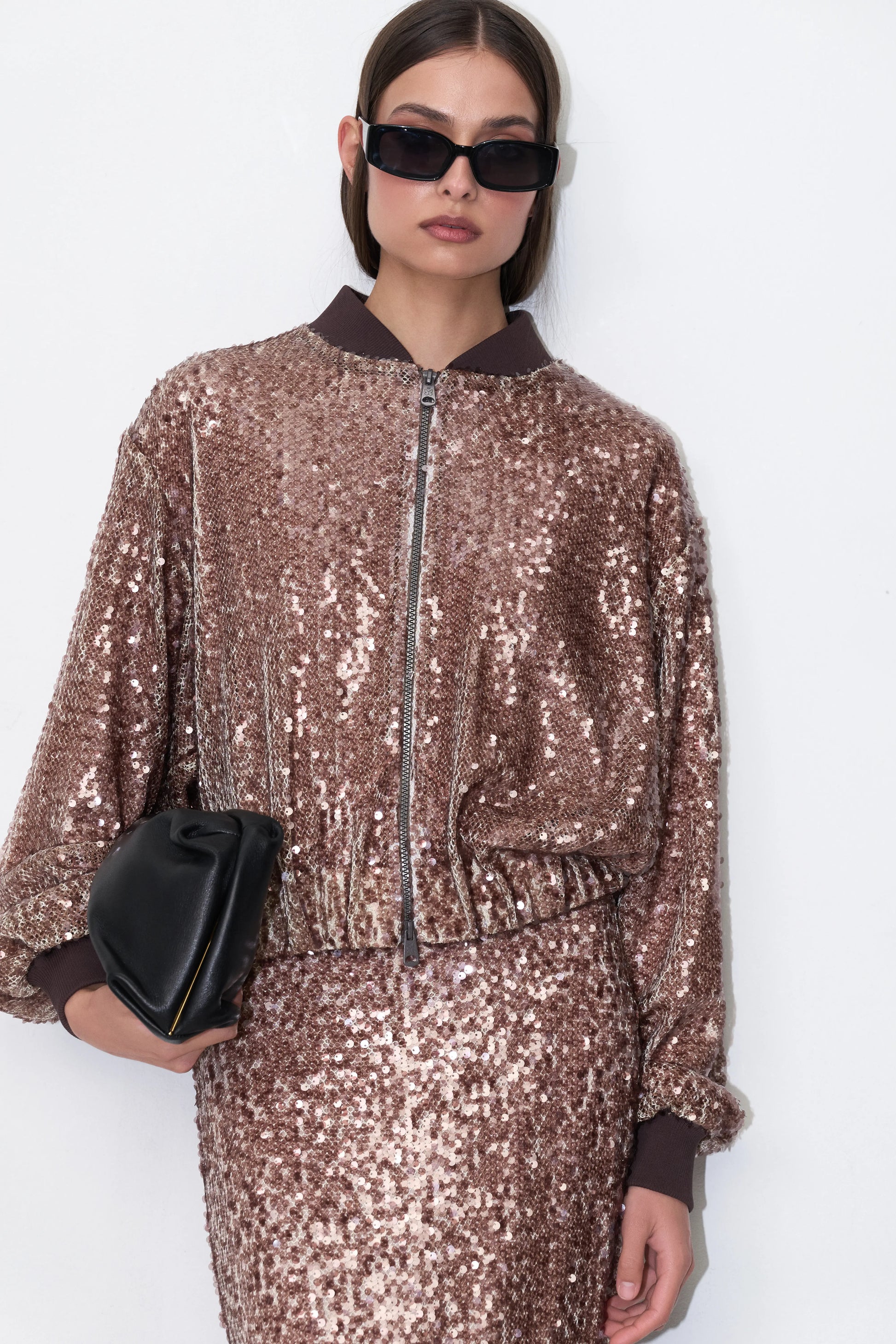 Sequin Bomber Blazer in Brown