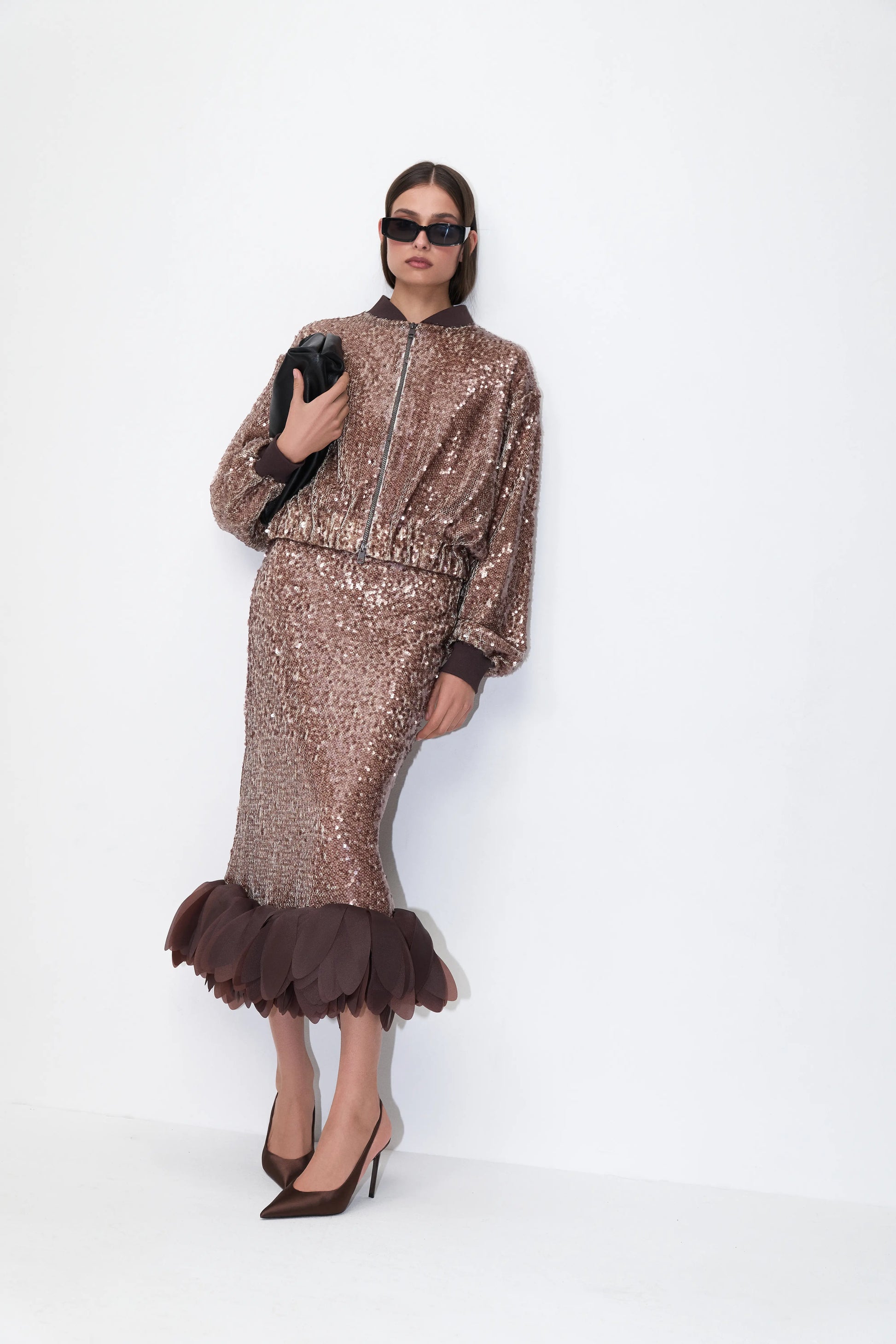 Sequin Bomber Blazer in Brown