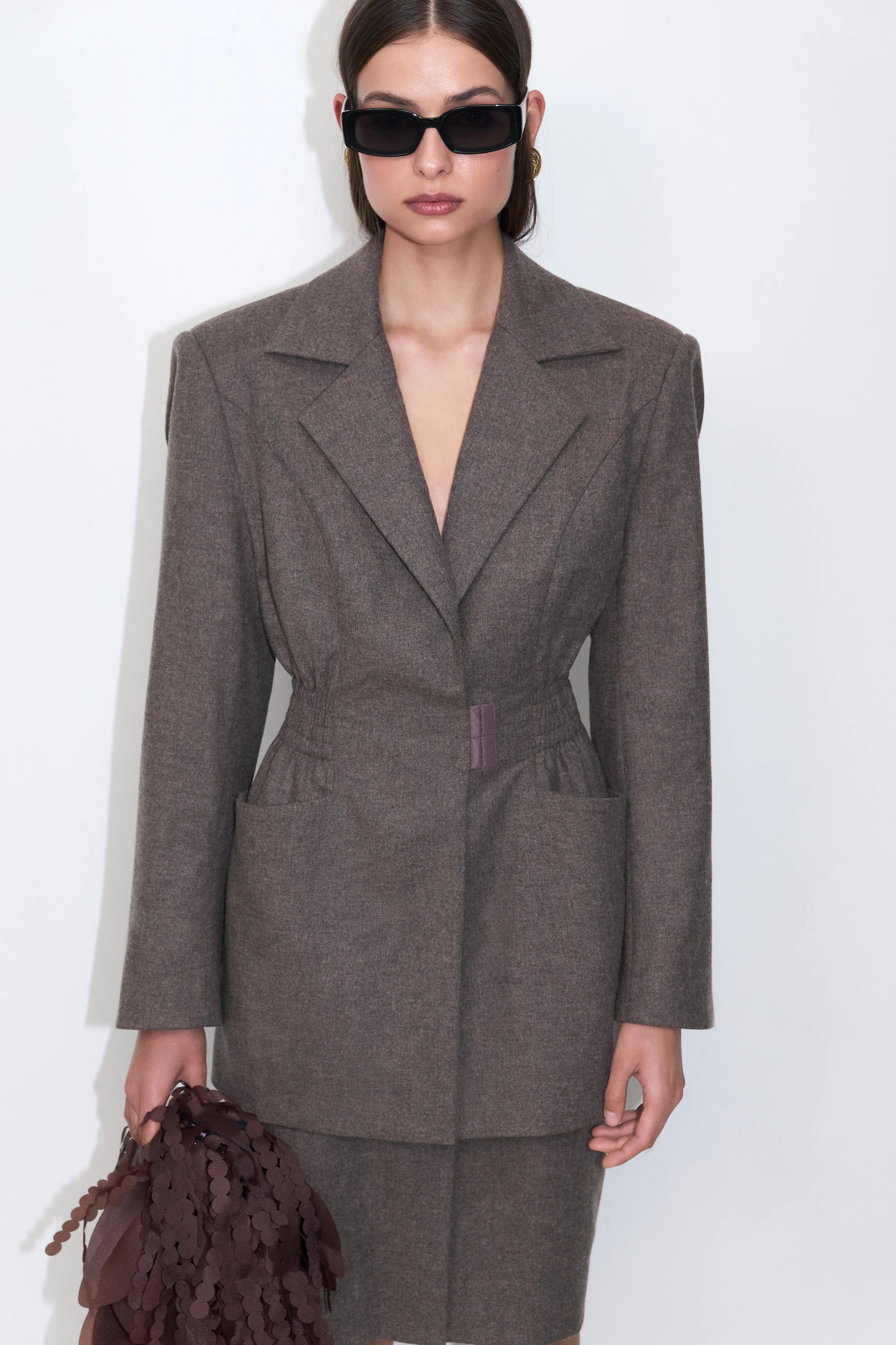 Ruched Waist Jacket in Brown