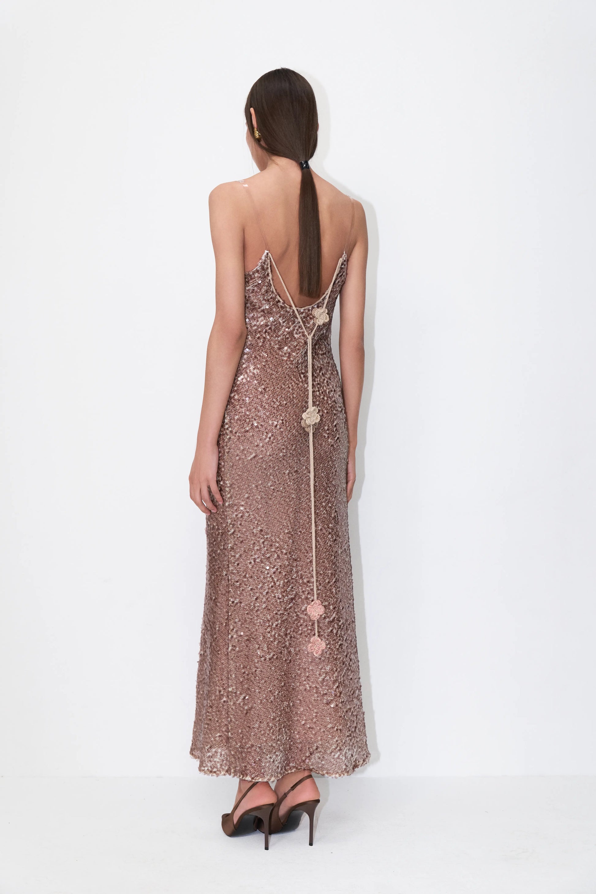Cowl-Neck Sequin Slip Dress in Brown