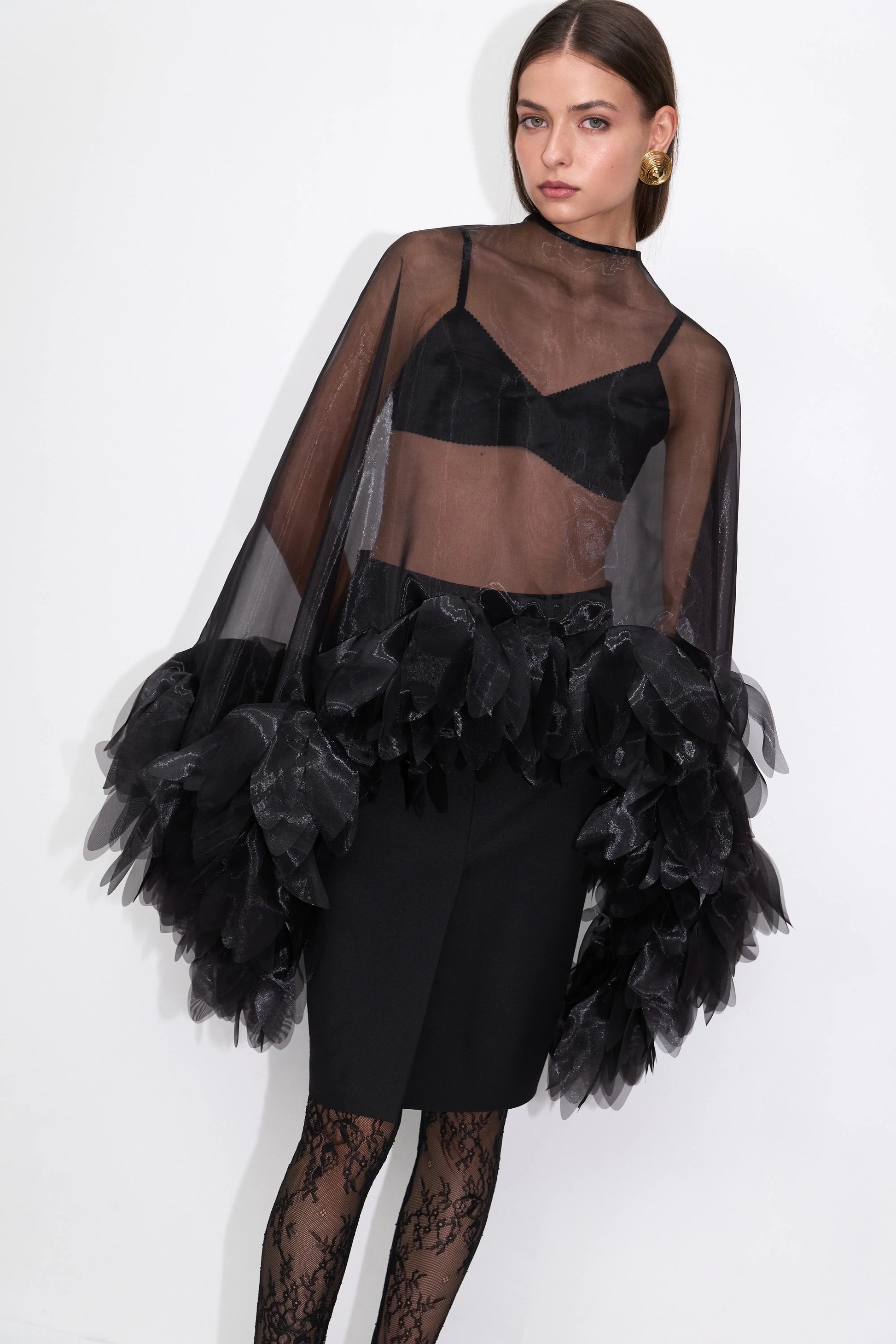 Floral Sheer Cape Top in Black