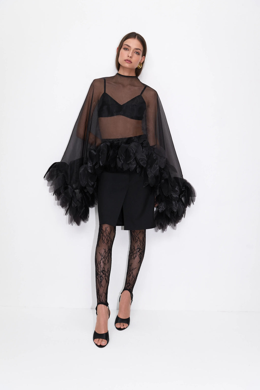 Floral Sheer Cape Top in Black