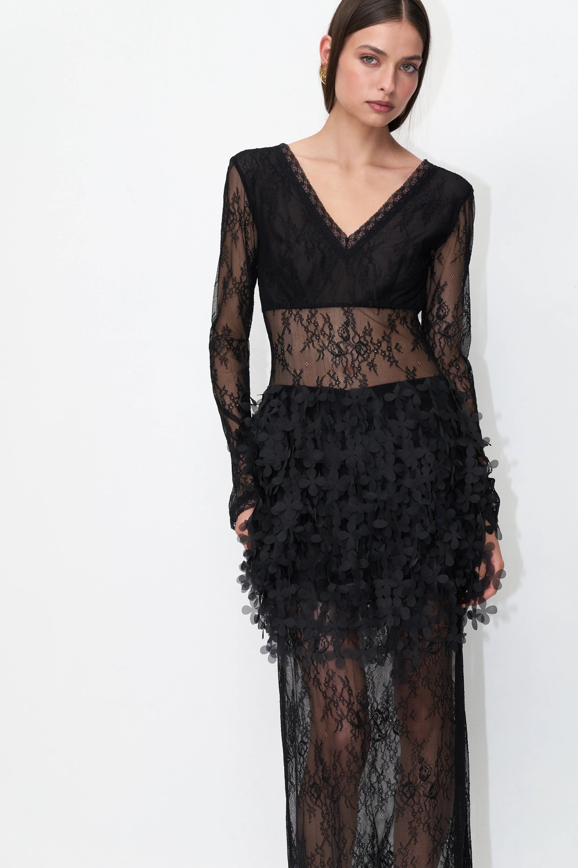 Lace Floral Overlay Dress in Black