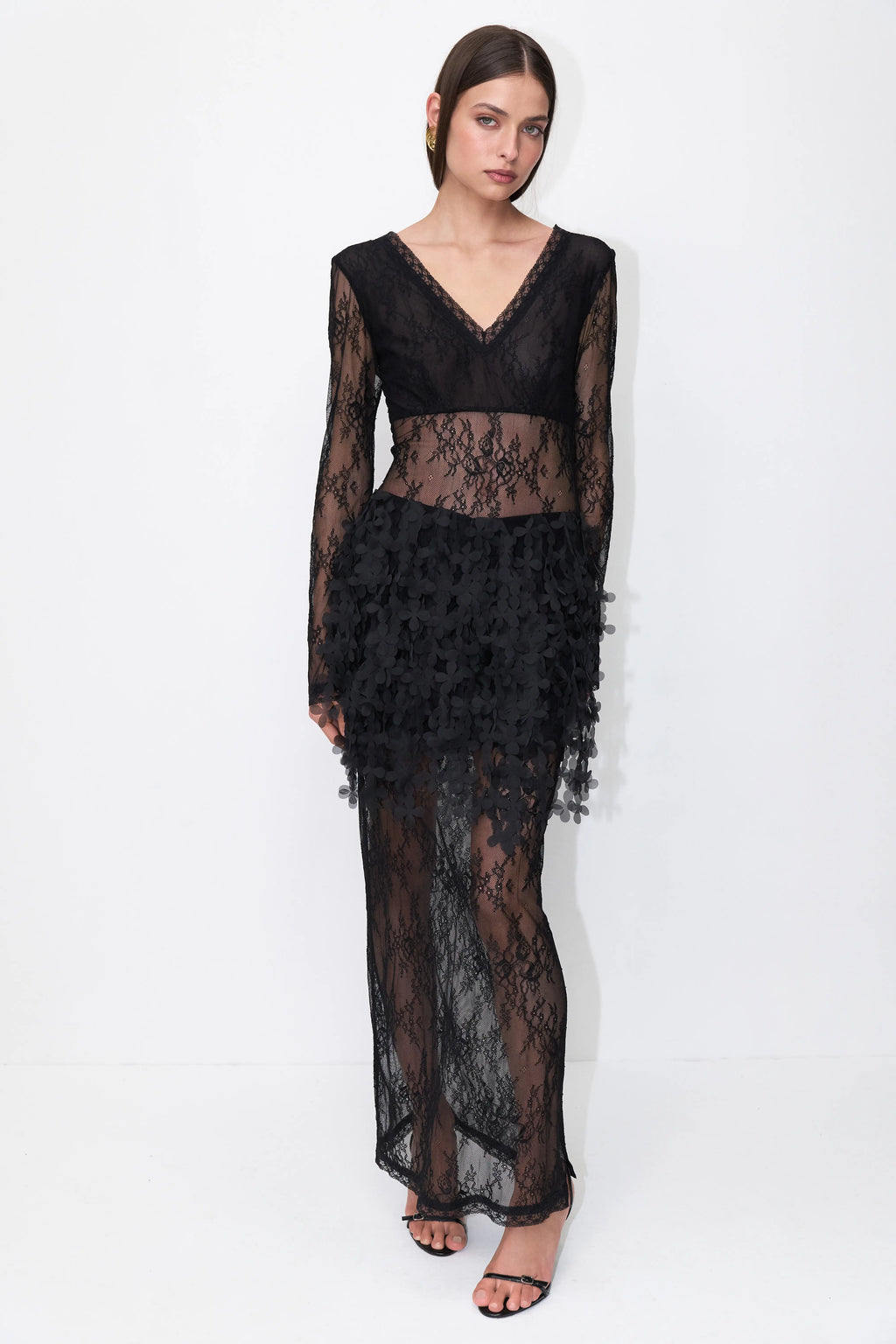 Lace Floral Overlay Dress in Black
