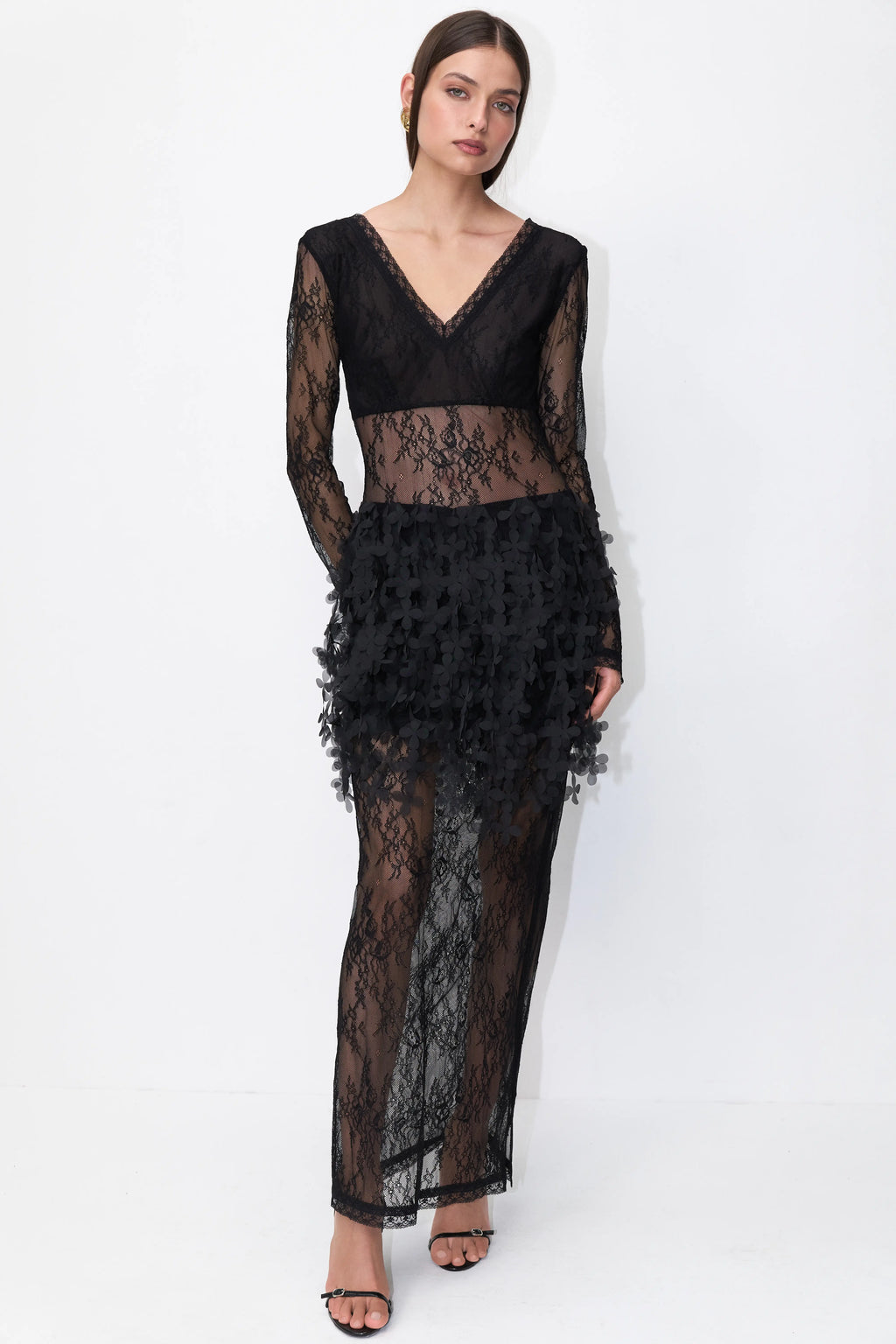 Lace Floral Overlay Dress in Black