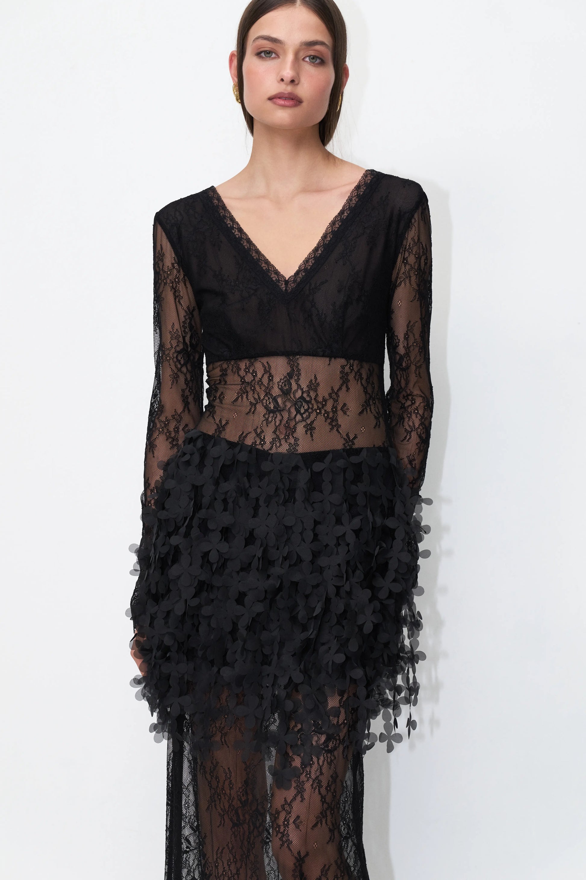 Lace Floral Overlay Dress in Black